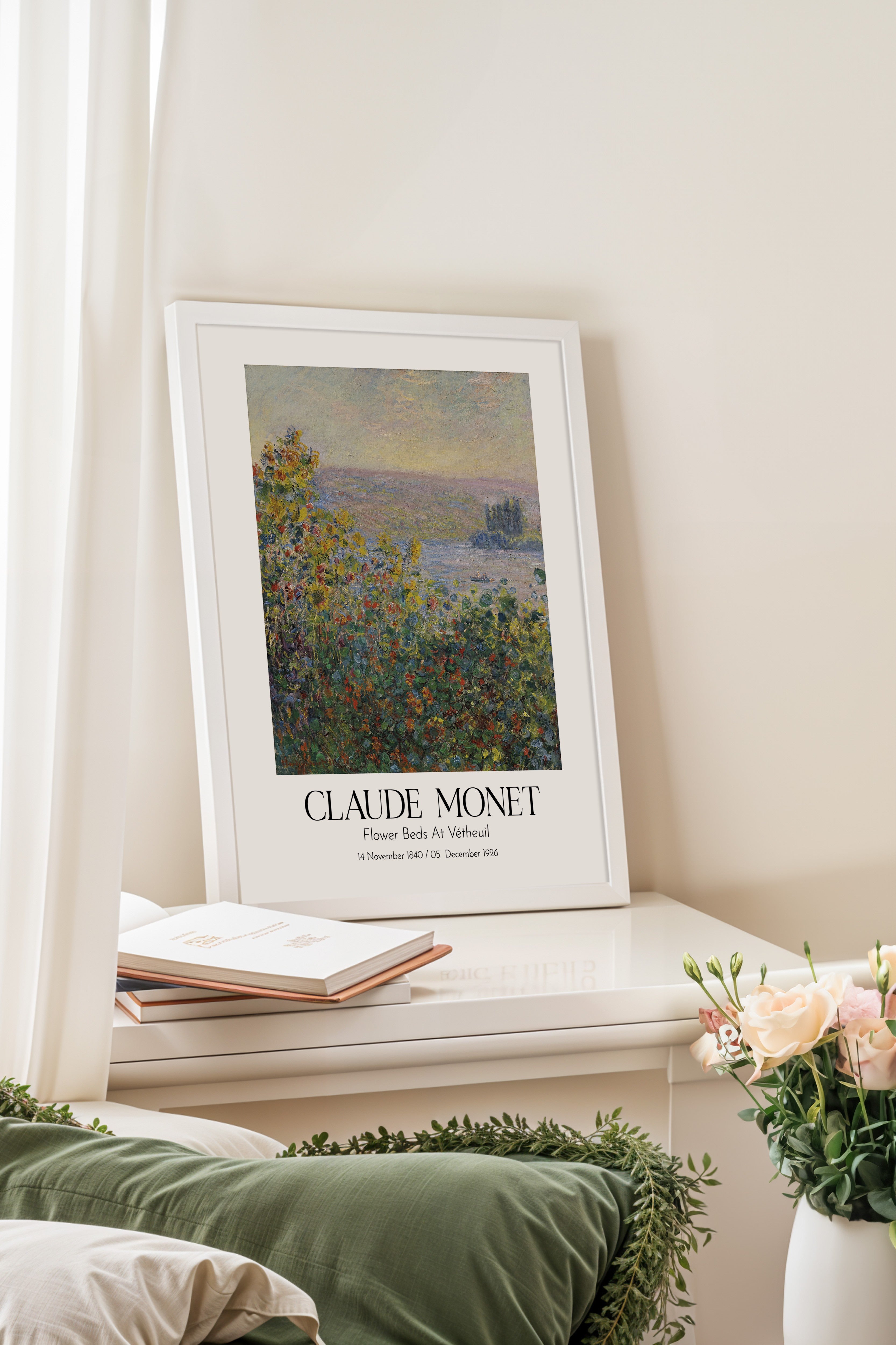 Claude Monet - Flower Beds At Vétheuil, Beyaz Çerçeveli Tablo, Sanat Serisi NO:110309