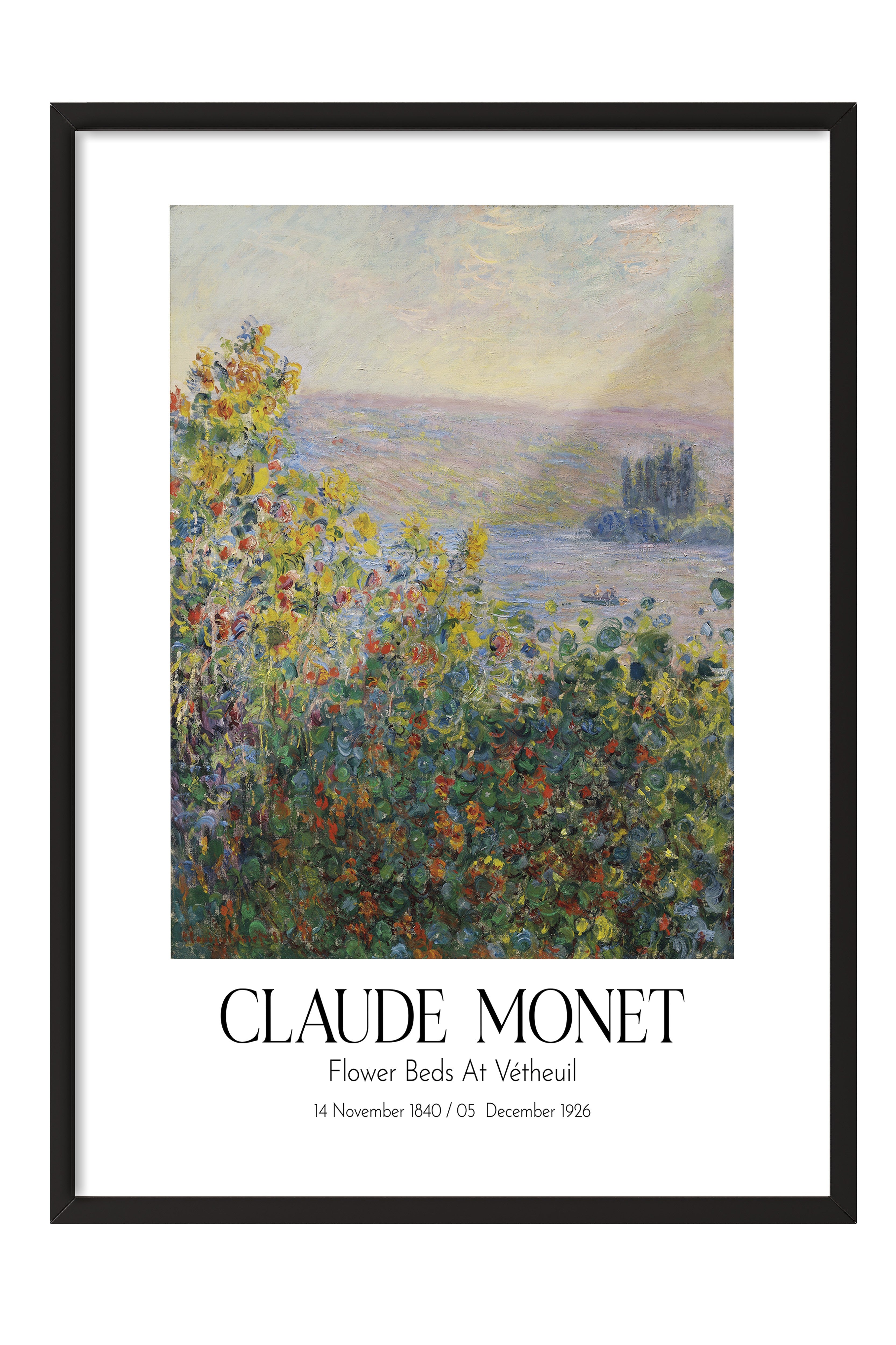 Claude Monet - Flower Beds At Vétheuil, Siyah Çerçeveli Tablo, Sanat Serisi NO:110309