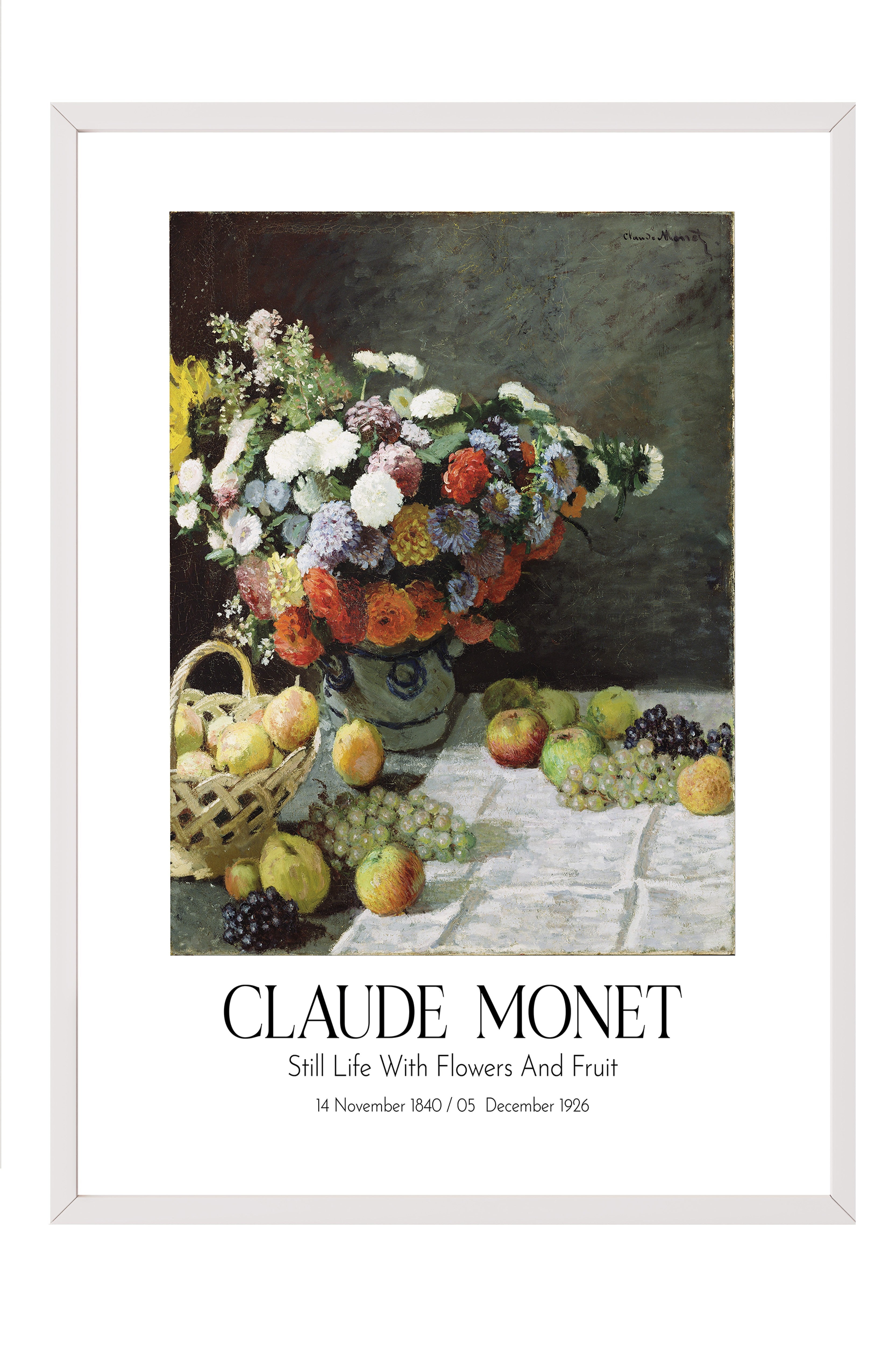 Claude Monet - Still Life With Flowers And Fruit, Beyaz Çerçeveli Tablo, Sanat Serisi NO:110308