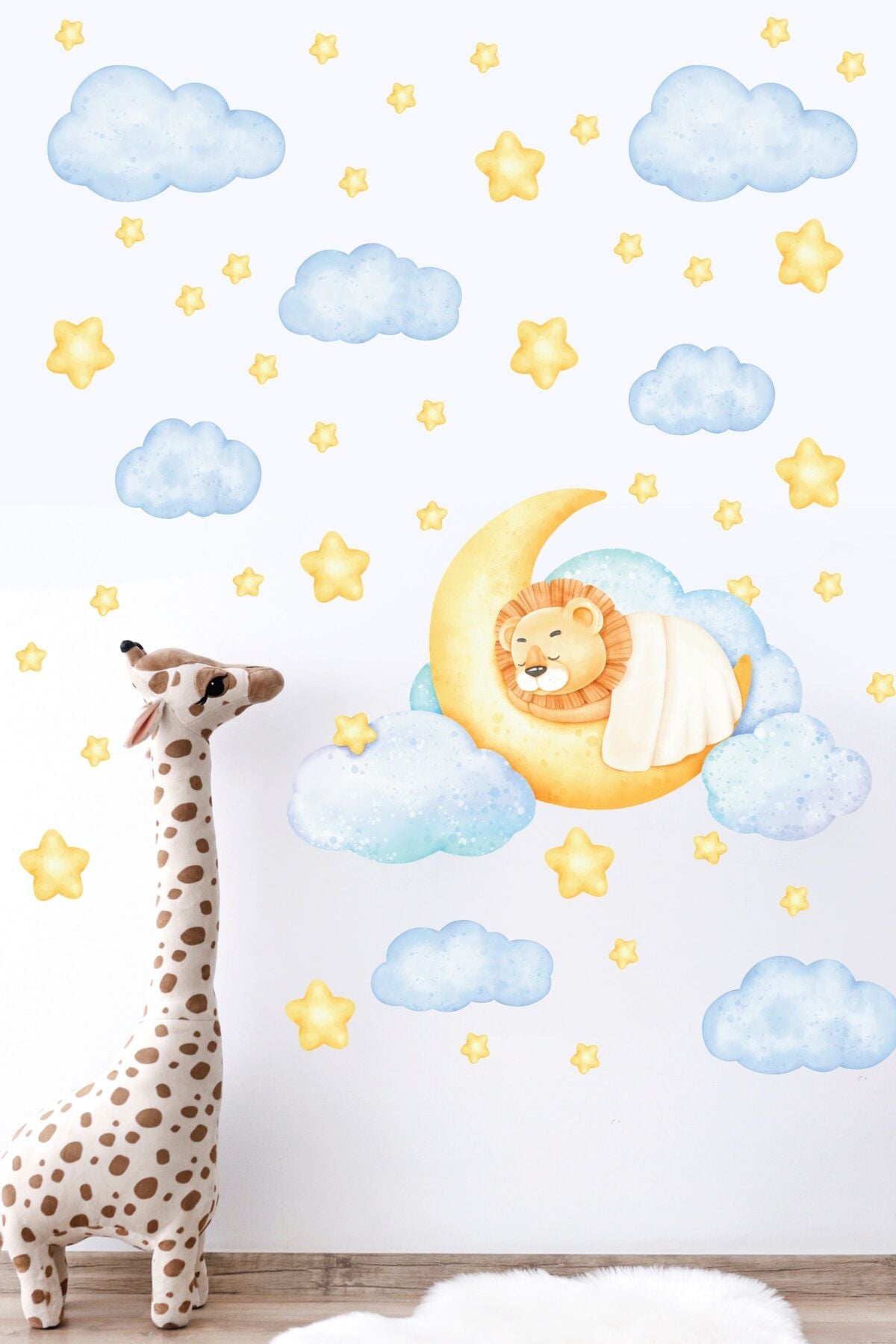 Çocuk Bebek Odası Sticker Seti, Sarı Uyuyan Aslan Temalı Çocuk ve Bebek Odası Duvar Stickerı