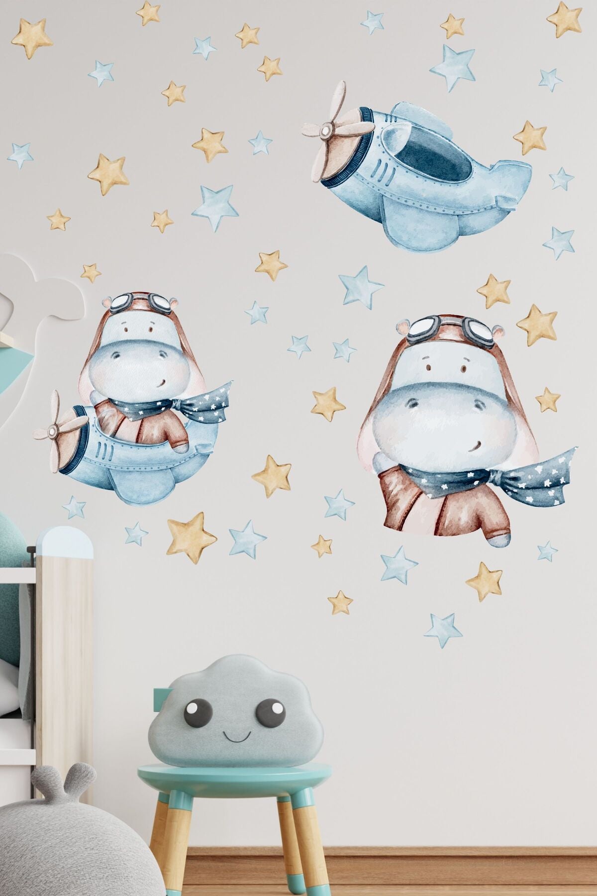 Çocuk Bebek Odası Sticker Seti, Uçak ve Su Aygırı Duvar Dekoru, Çocuk ve Bebek Odası Duvar Stickerı