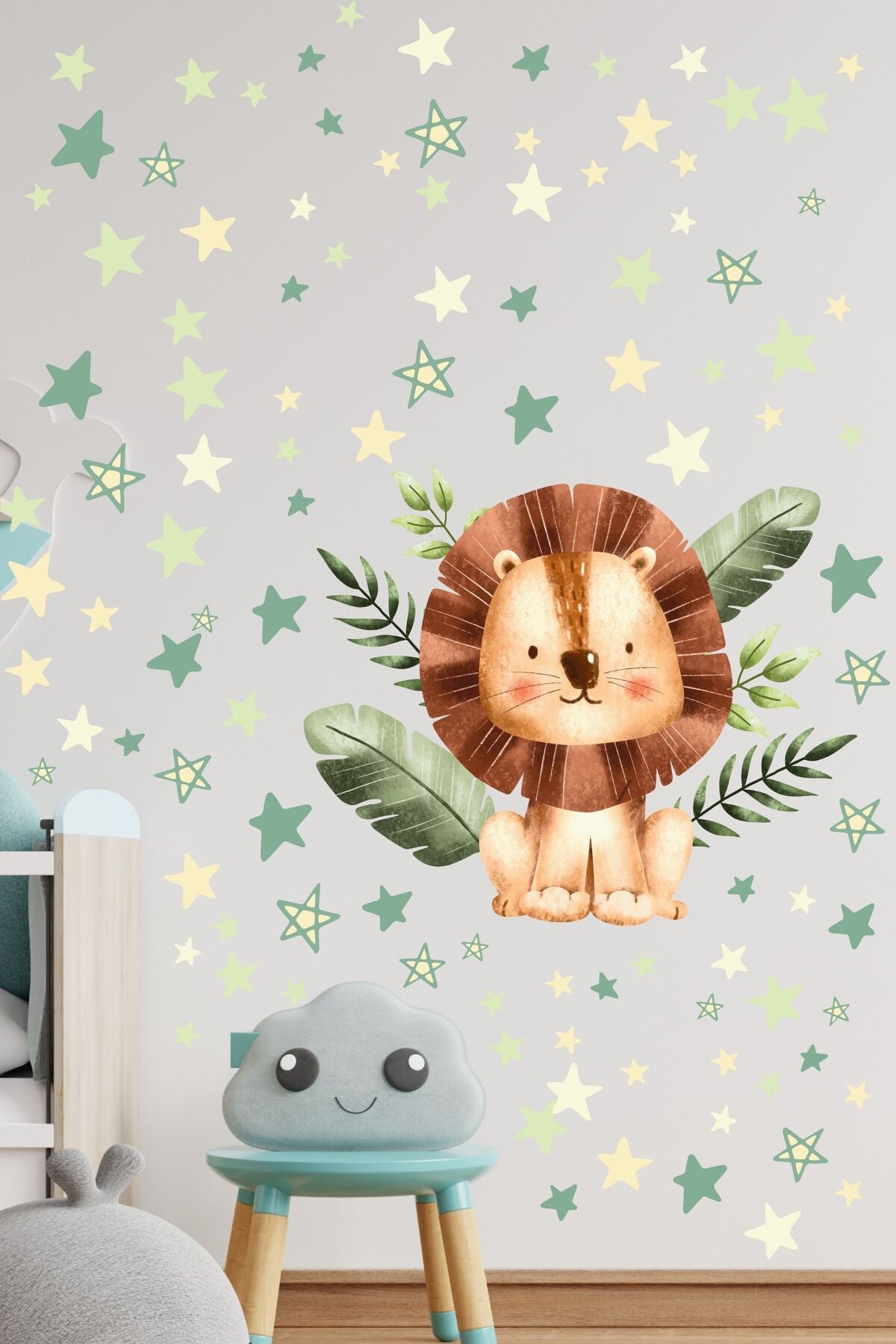 Çocuk Bebek Odası Sticker Seti, Yeşil Aslan ve Doğa Temalı, Çocuk ve Bebek Odası Duvar Stickerı