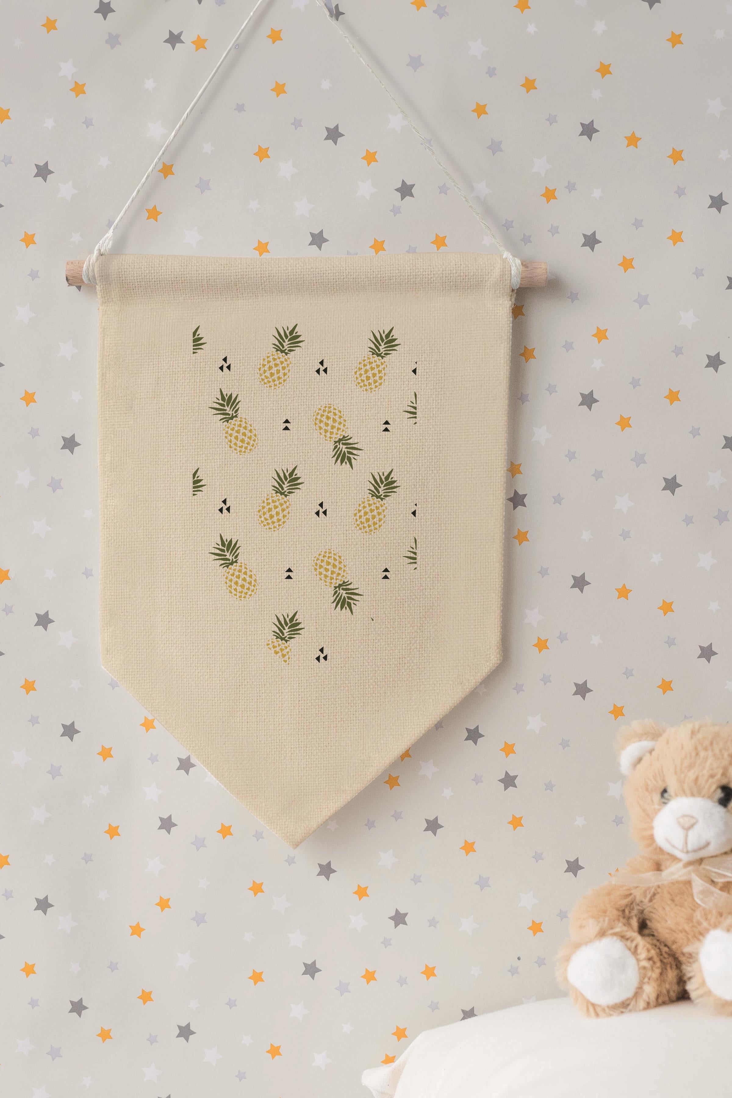 Çocuk Odası Dekor, Duvar Süsü, Ahşap Bebek Odası Dekor, Canvas Flama, Ananas Deseni - Sarı Yeşil