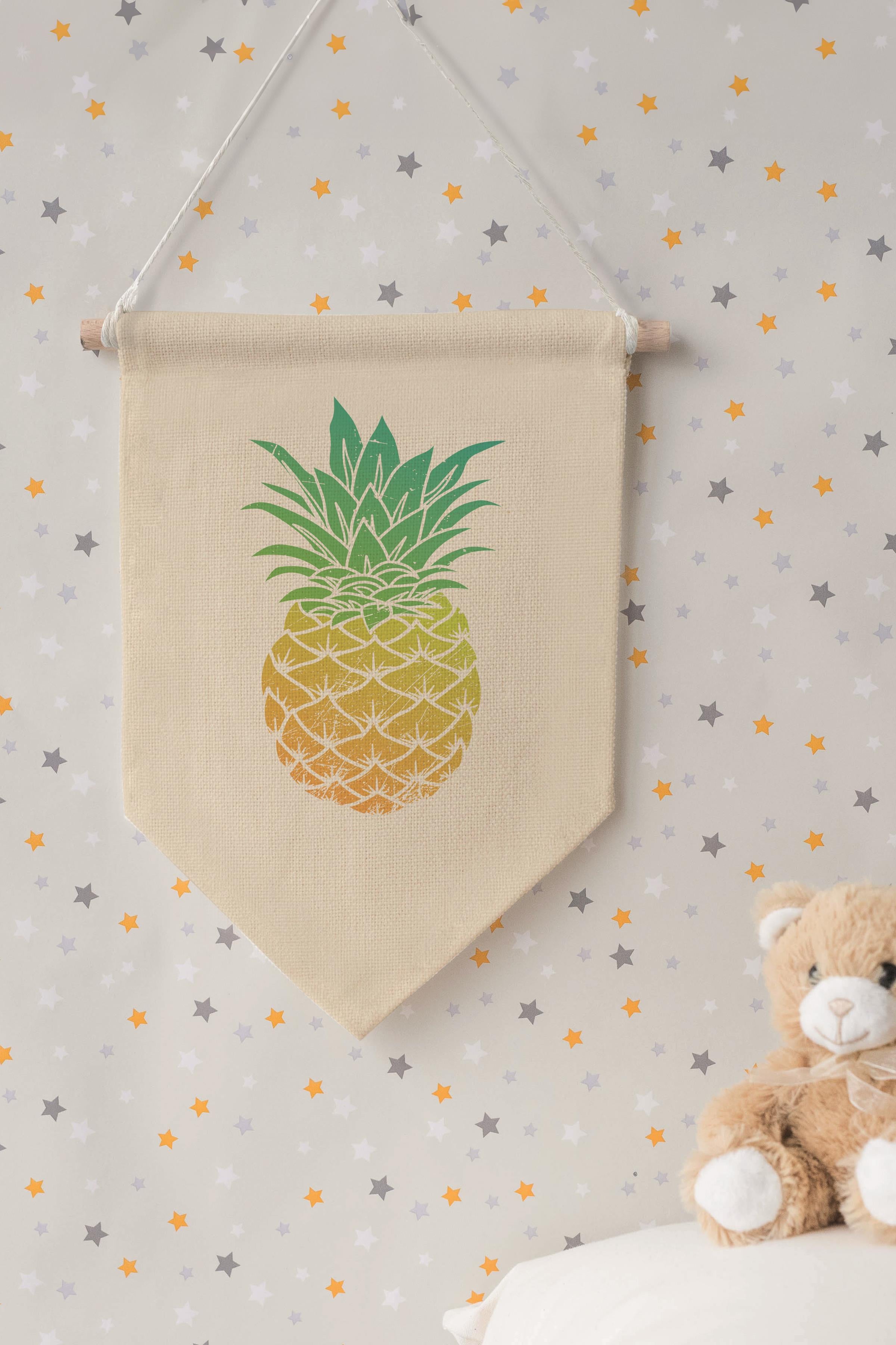 Çocuk Odası Dekor, Duvar Süsü, Ahşap Bebek Odası Dekor, Canvas Flama, Ananas - Sarı Yeşil