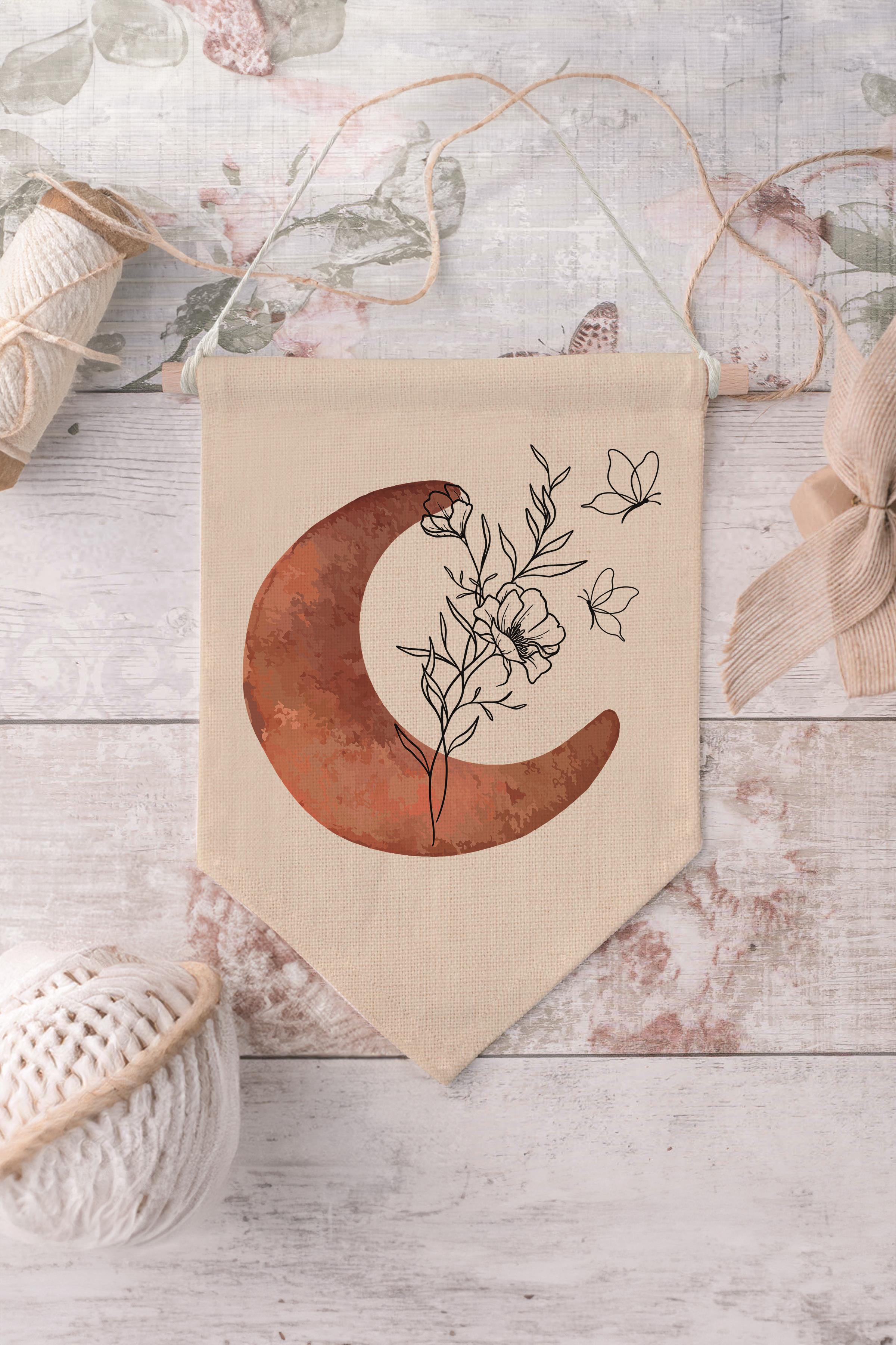 Çocuk Odası Dekor, Duvar Süsü, Ahşap Bebek Odası Dekor, Canvas Flama, Ay ve Bitki - Kahverengi