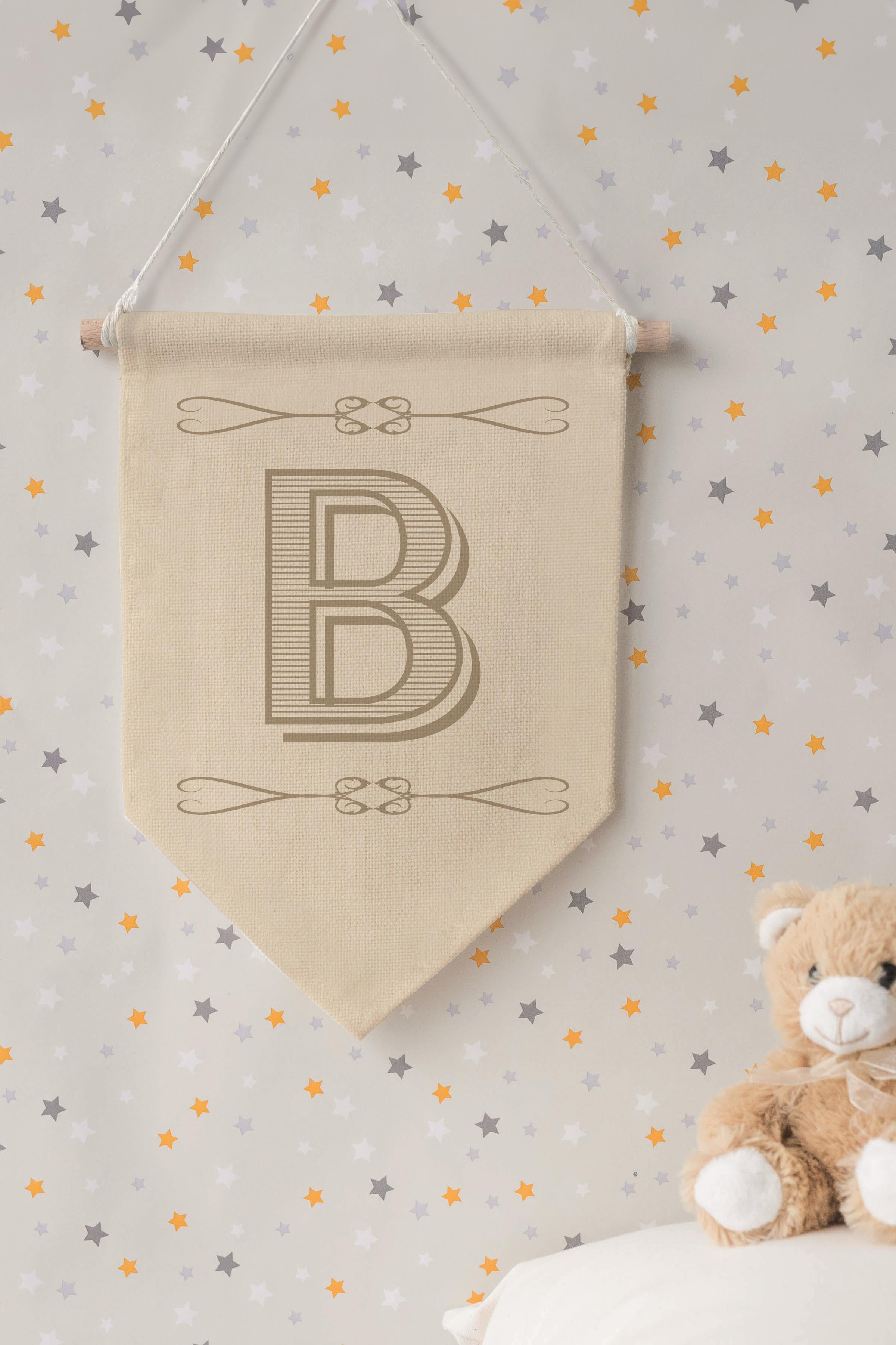 Çocuk Odası Dekor, Duvar Süsü, Ahşap Bebek Odası Dekor, Canvas Flama, Boho Monogram B Harfi