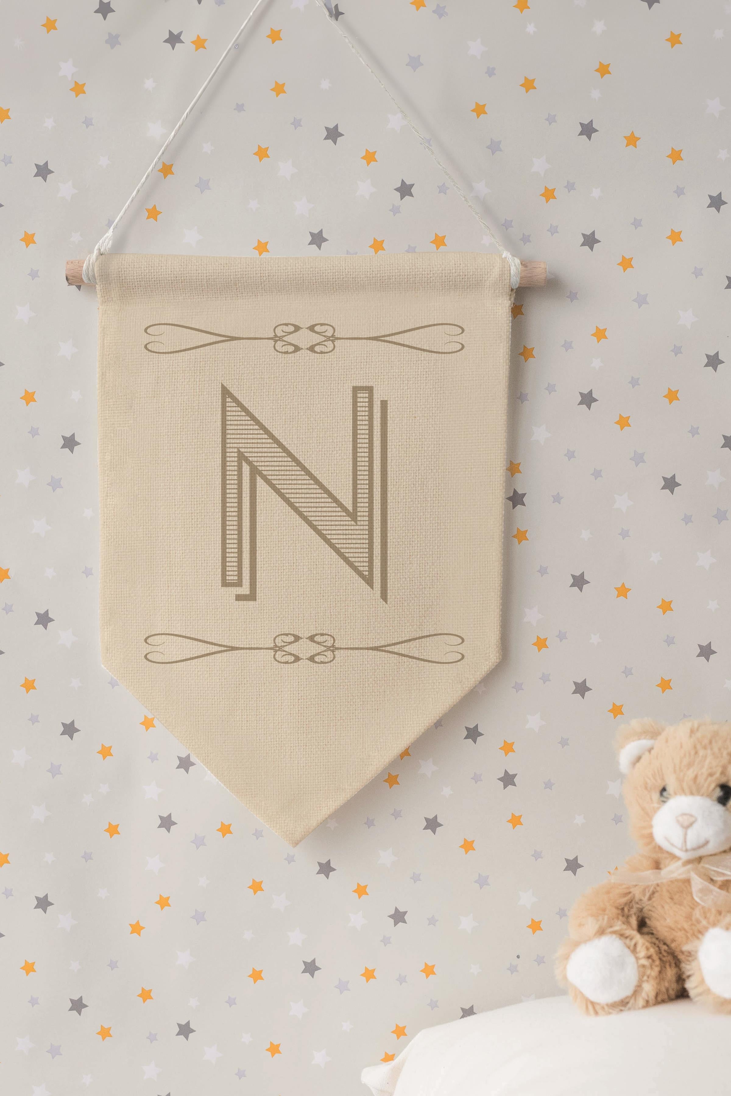 Çocuk Odası Dekor, Duvar Süsü, Ahşap Bebek Odası Dekor, Canvas Flama, Boho Monogram N Harfi