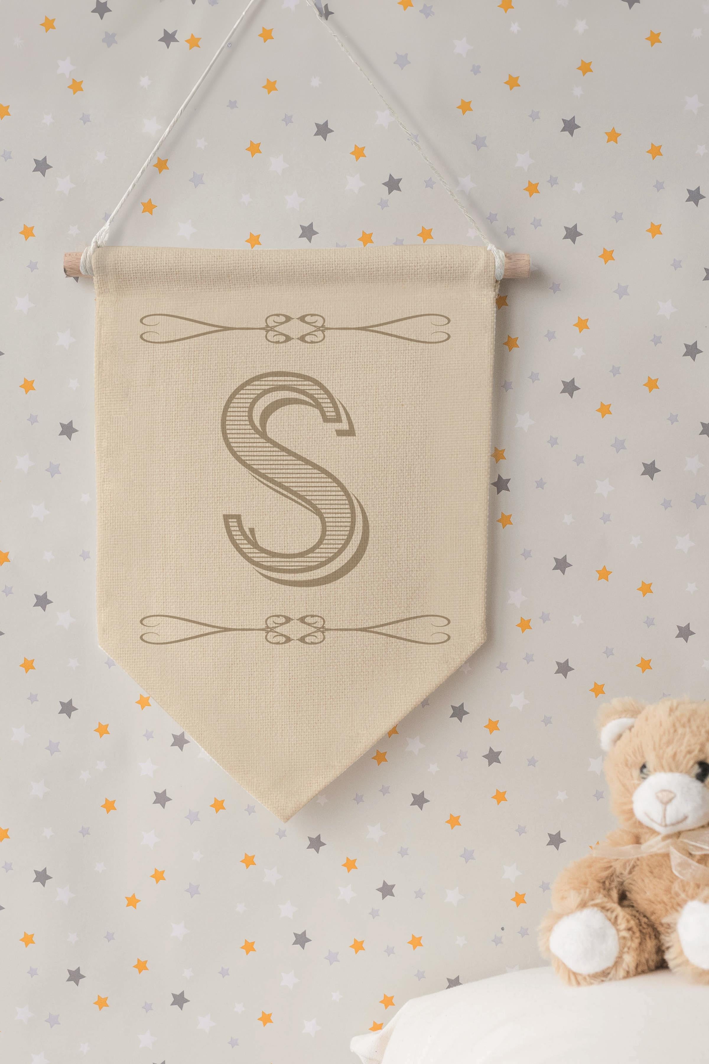 Çocuk Odası Dekor, Duvar Süsü, Ahşap Bebek Odası Dekor, Canvas Flama, Boho Monogram S Harfi