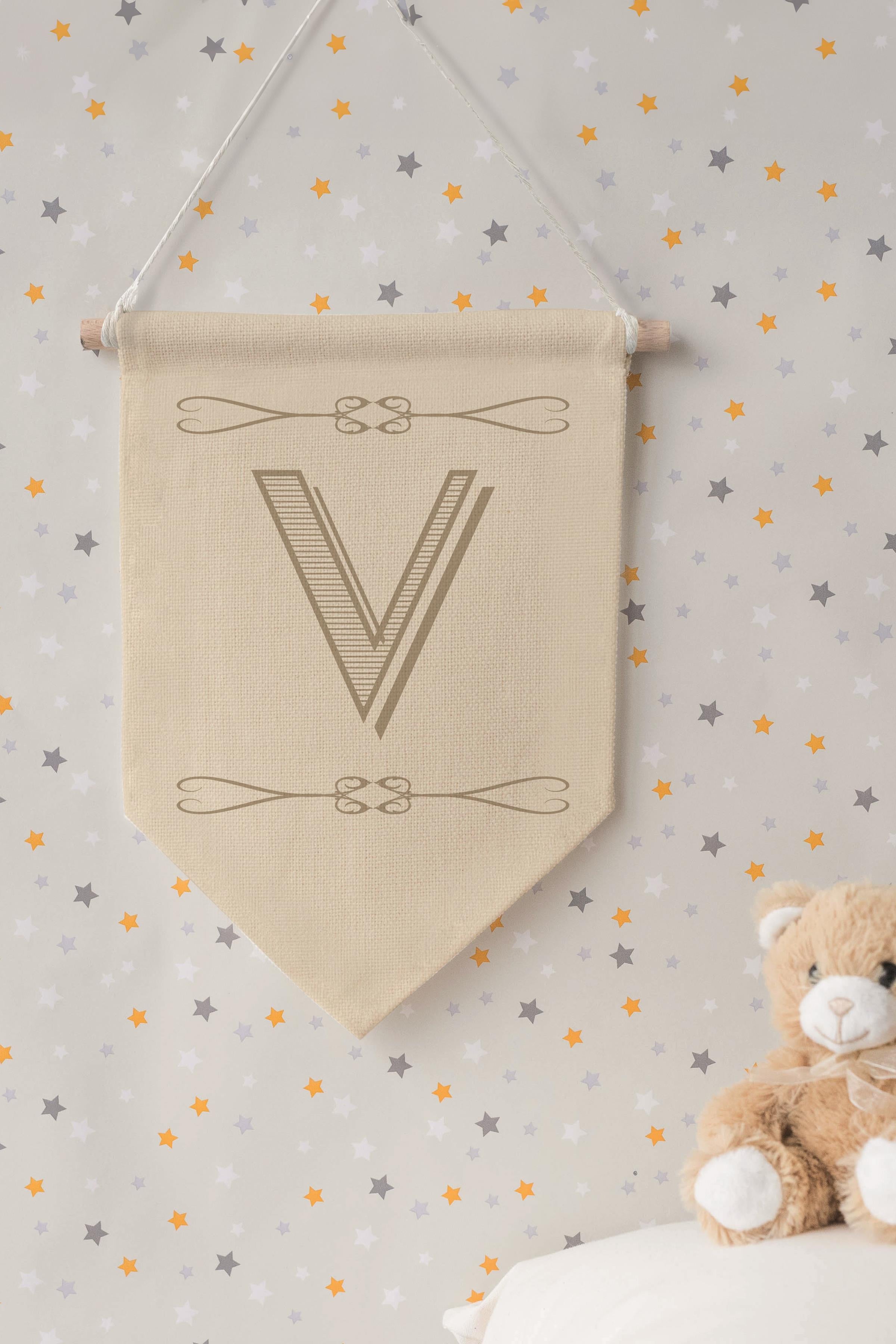 Çocuk Odası Dekor, Duvar Süsü, Ahşap Bebek Odası Dekor, Canvas Flama, Boho Monogram V Harfi