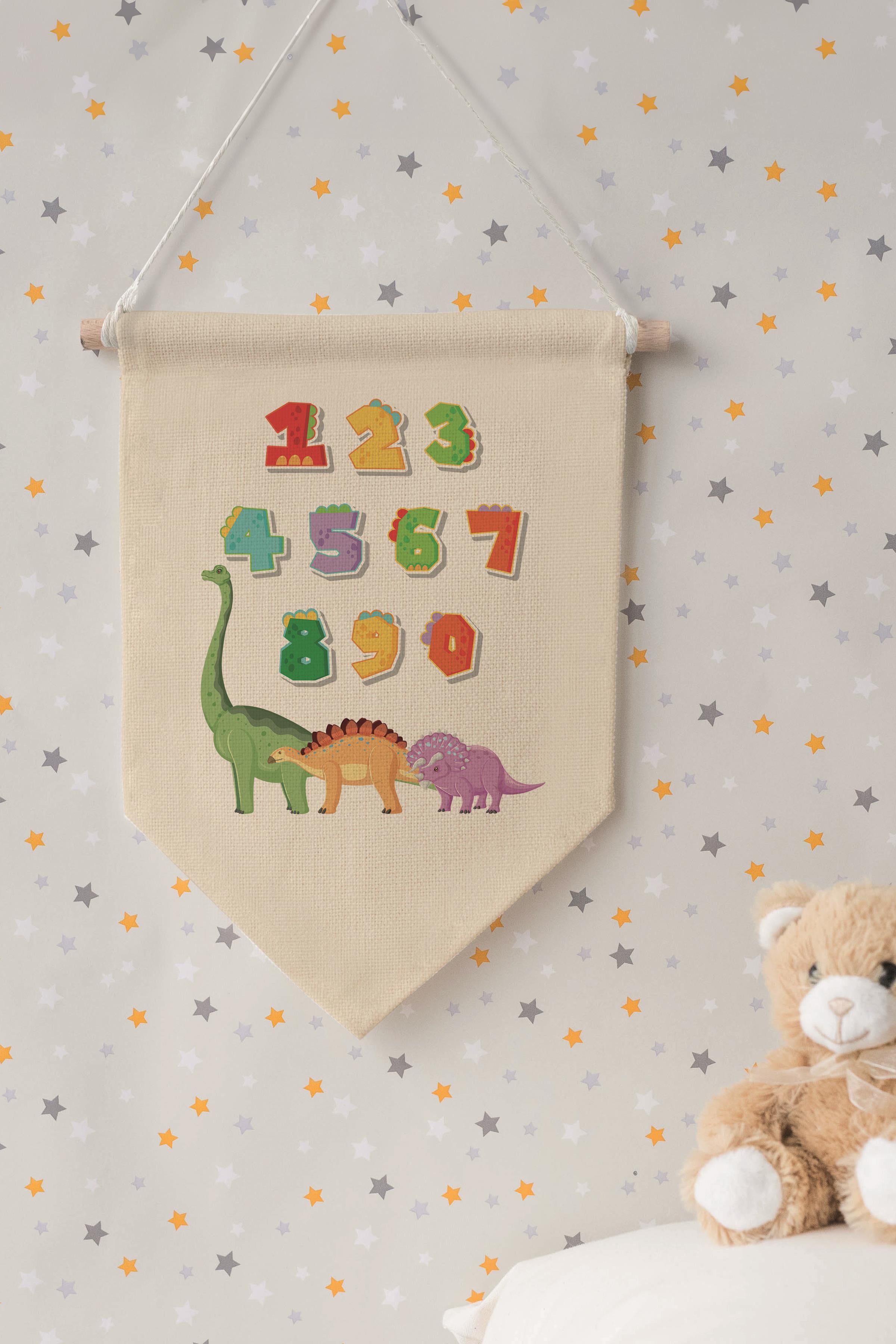 Çocuk Odası Dekor, Duvar Süsü, Ahşap Bebek Odası Dekor, Canvas Flama, Dinozorlu Sayılar