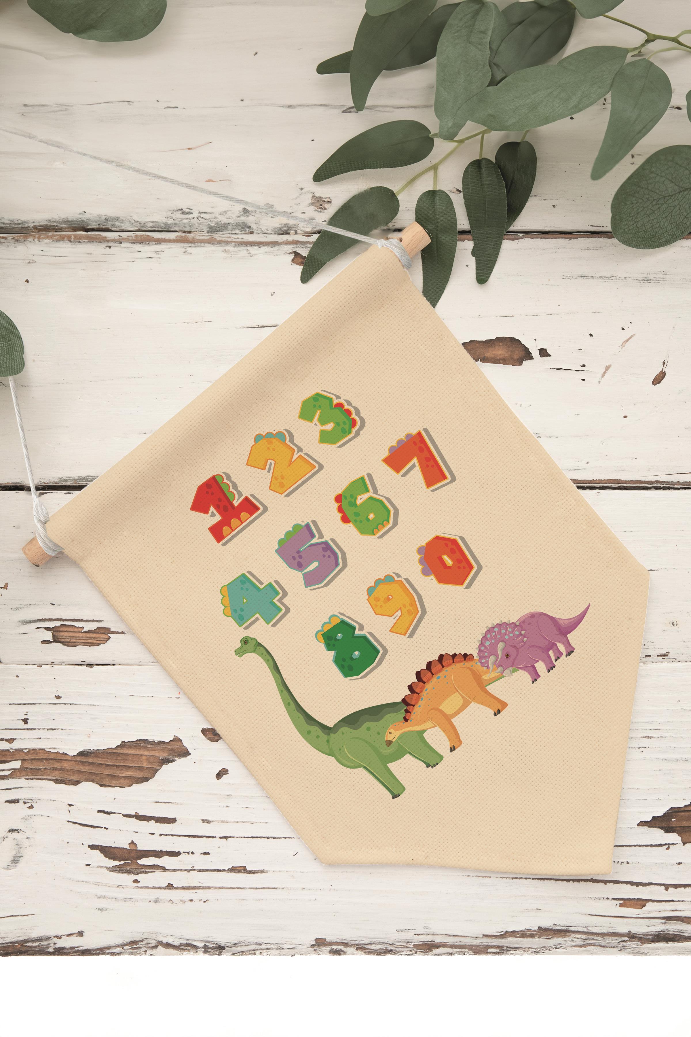 Çocuk Odası Dekor, Duvar Süsü, Ahşap Bebek Odası Dekor, Canvas Flama, Dinozorlu Sayılar