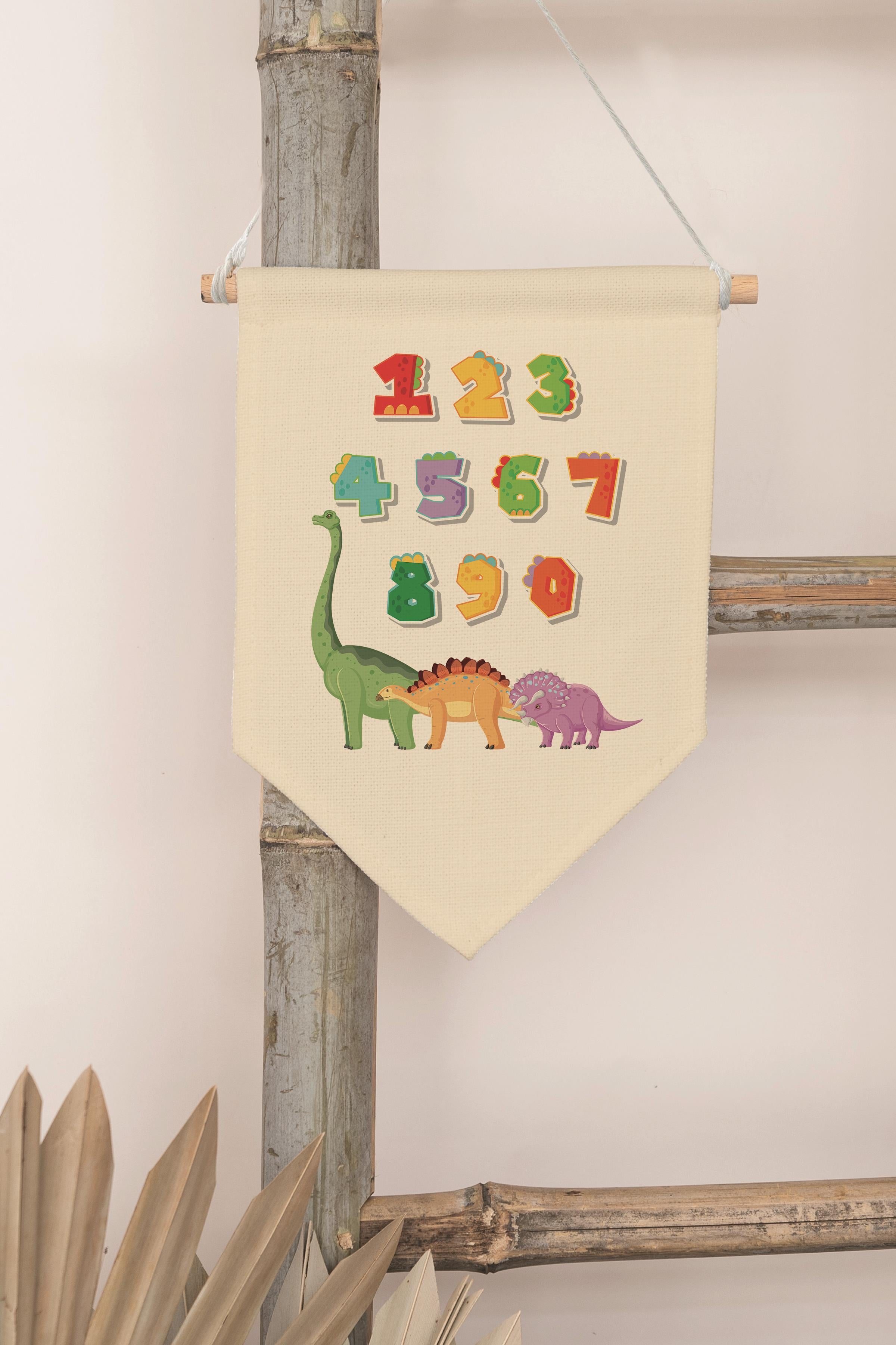 Çocuk Odası Dekor, Duvar Süsü, Ahşap Bebek Odası Dekor, Canvas Flama, Dinozorlu Sayılar
