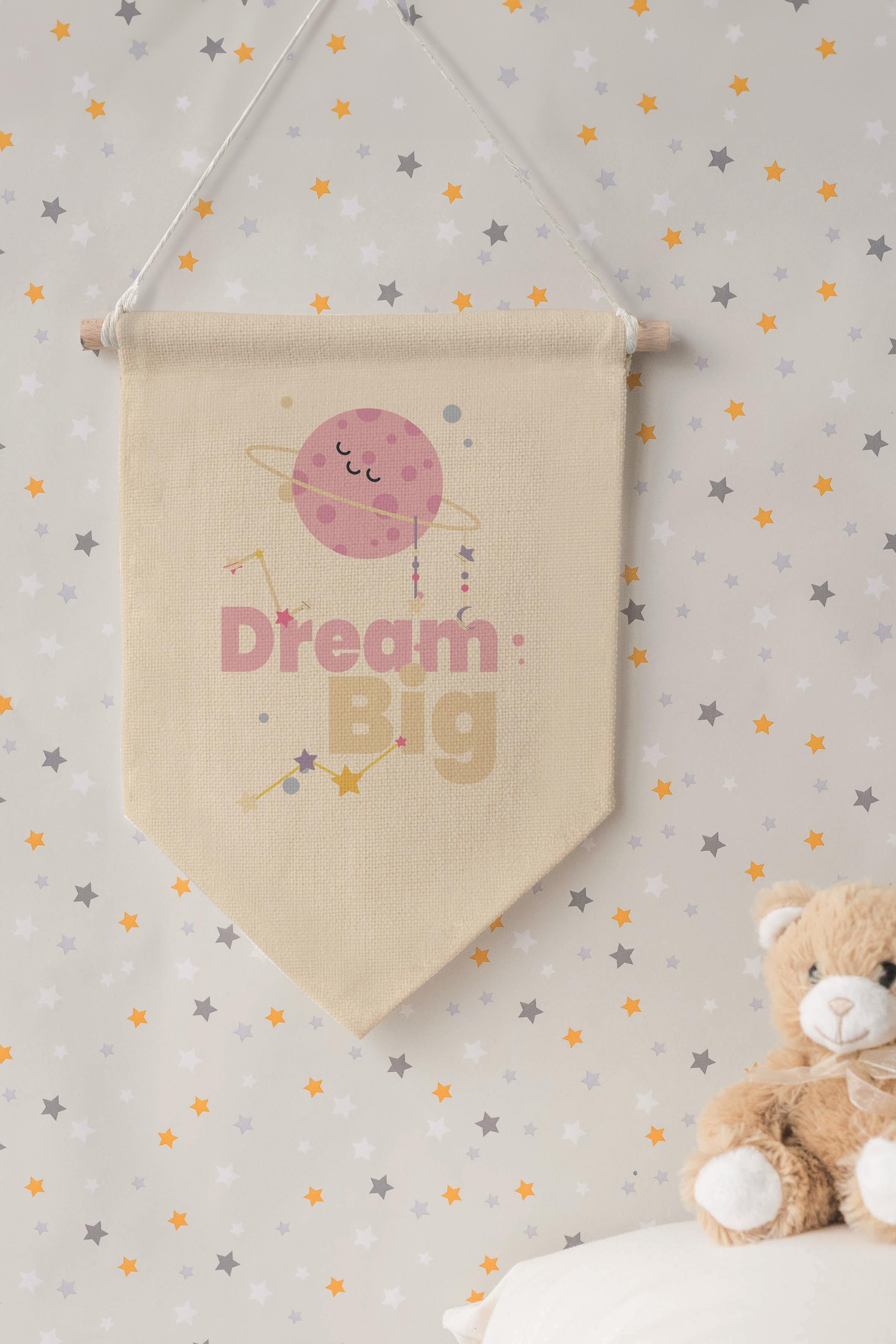 Çocuk Odası Dekor, Duvar Süsü, Ahşap Bebek Odası Dekor, Canvas Flama, Dream Big - Pembe