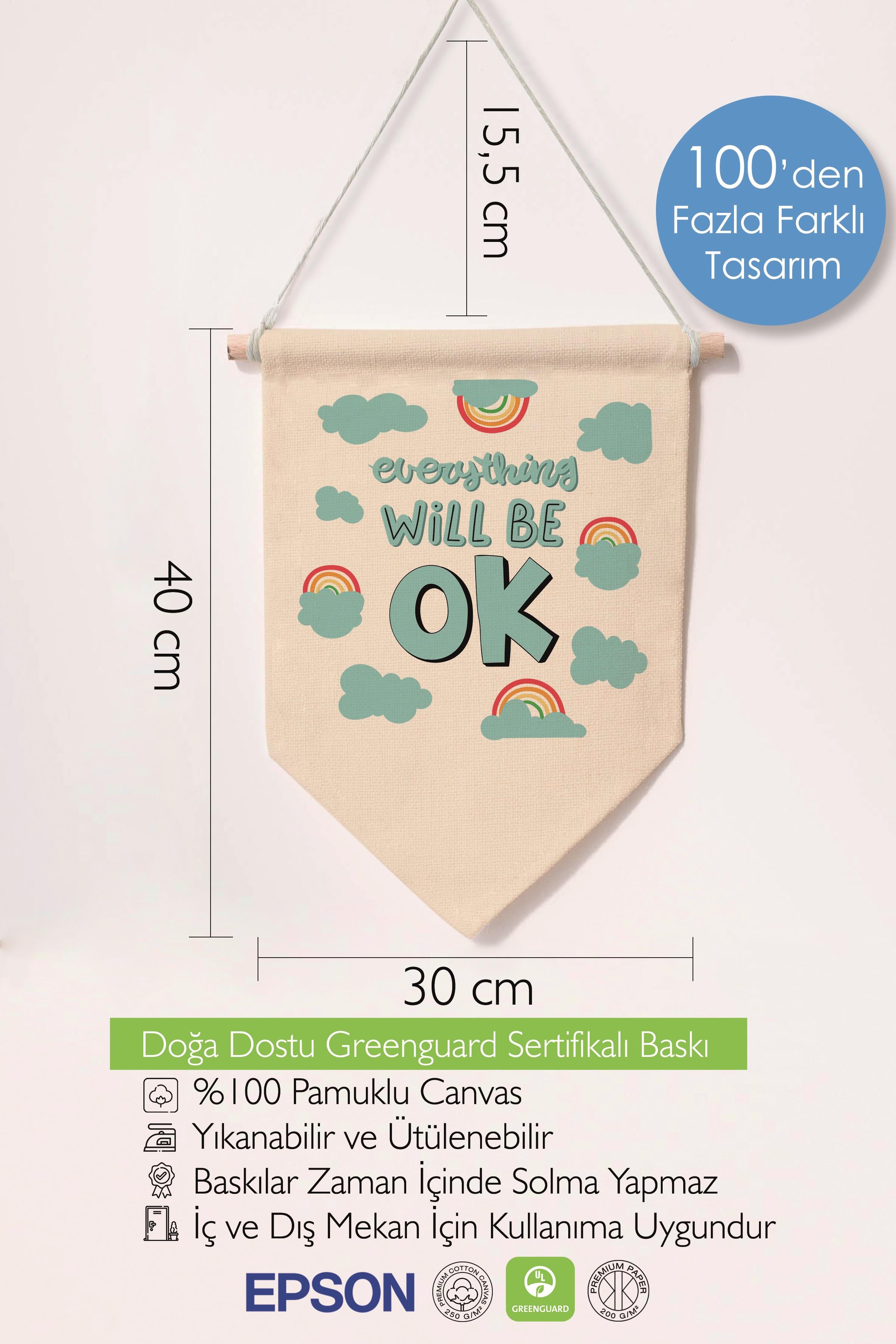 Çocuk Odası Dekor, Duvar Süsü, Ahşap Bebek Odası Dekor, Canvas Flama, Everything Will Be OK - Mavi