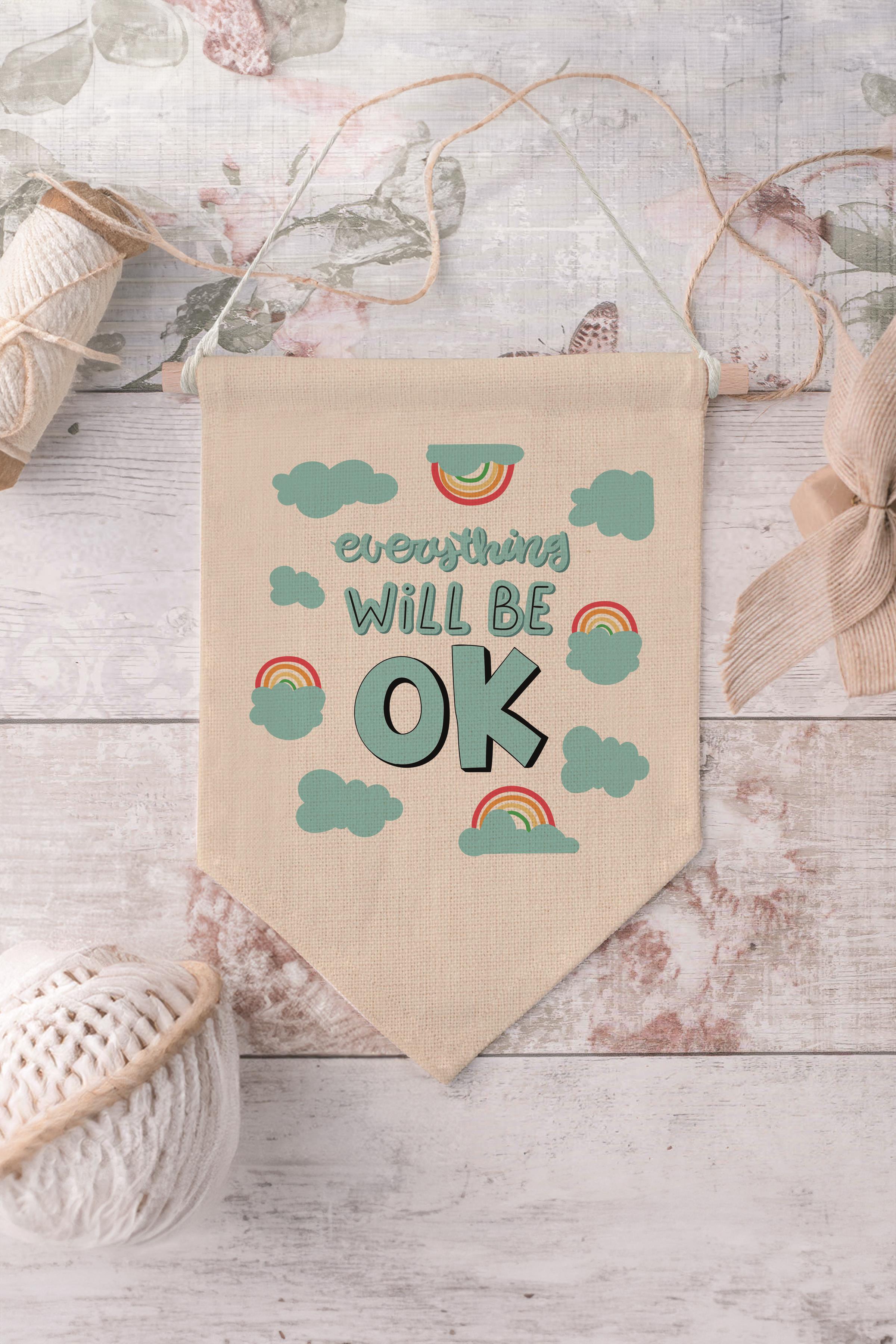 Çocuk Odası Dekor, Duvar Süsü, Ahşap Bebek Odası Dekor, Canvas Flama, Everything Will Be OK - Mavi