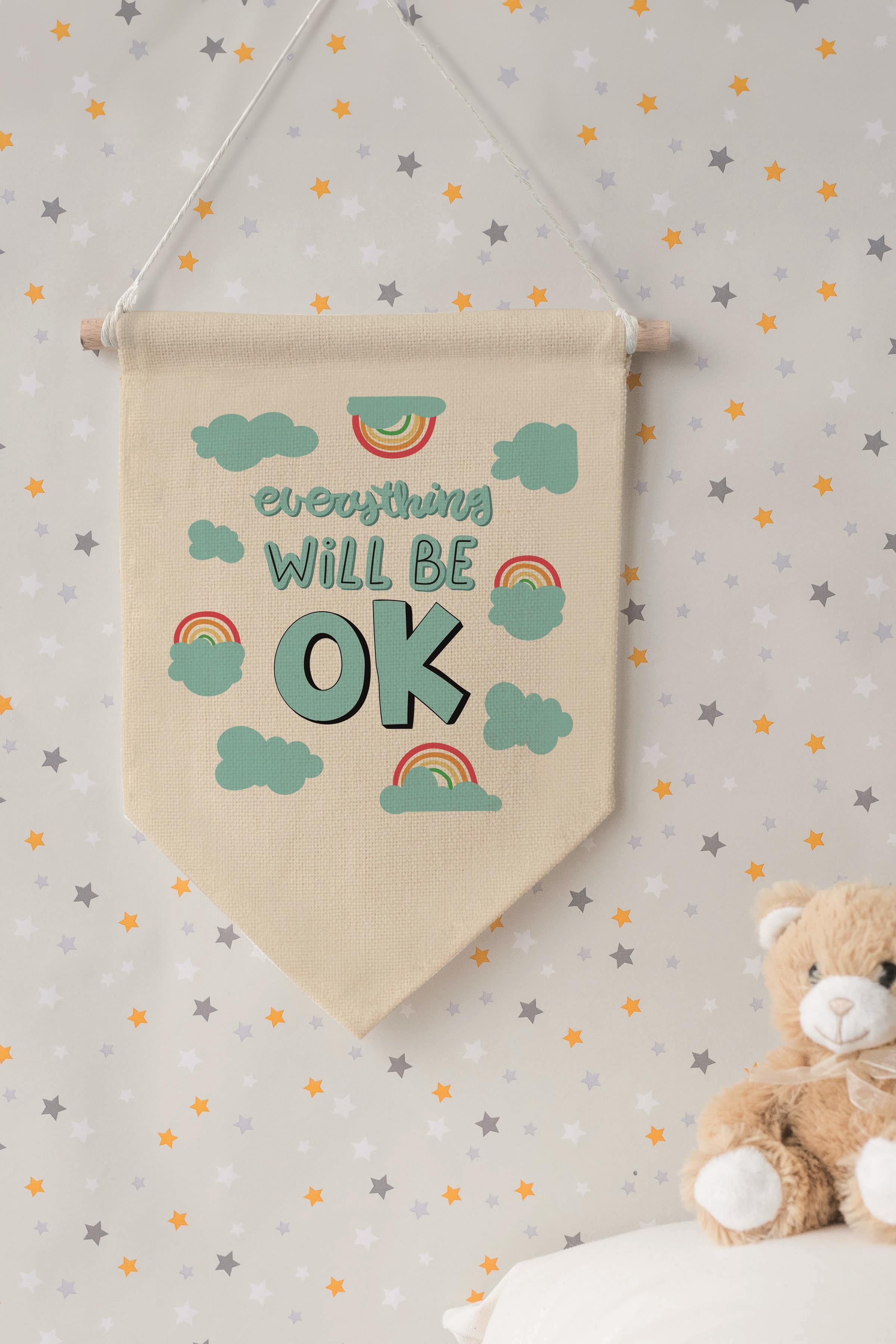Çocuk Odası Dekor, Duvar Süsü, Ahşap Bebek Odası Dekor, Canvas Flama, Everything Will Be OK - Mavi