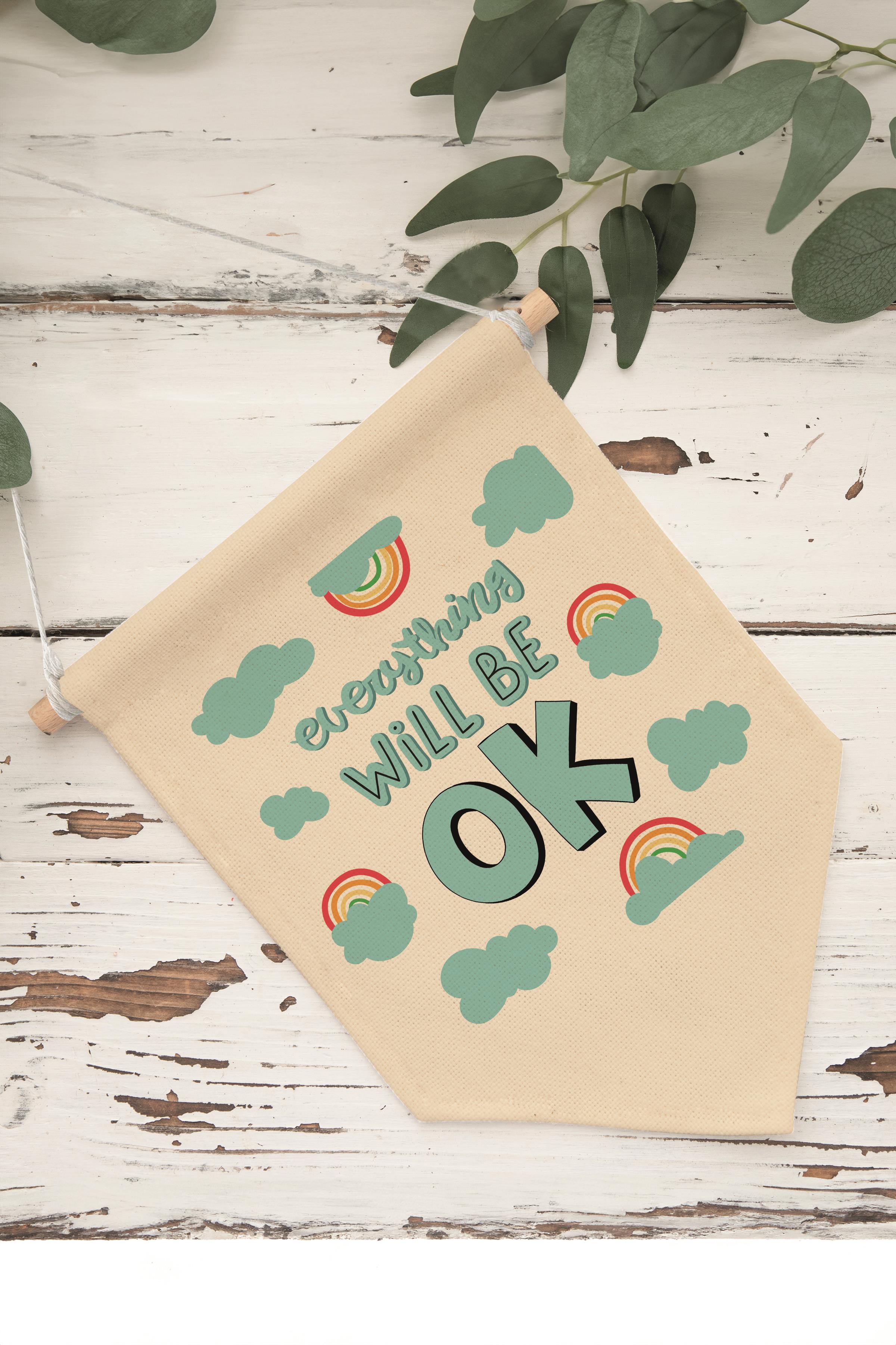 Çocuk Odası Dekor, Duvar Süsü, Ahşap Bebek Odası Dekor, Canvas Flama, Everything Will Be OK - Mavi