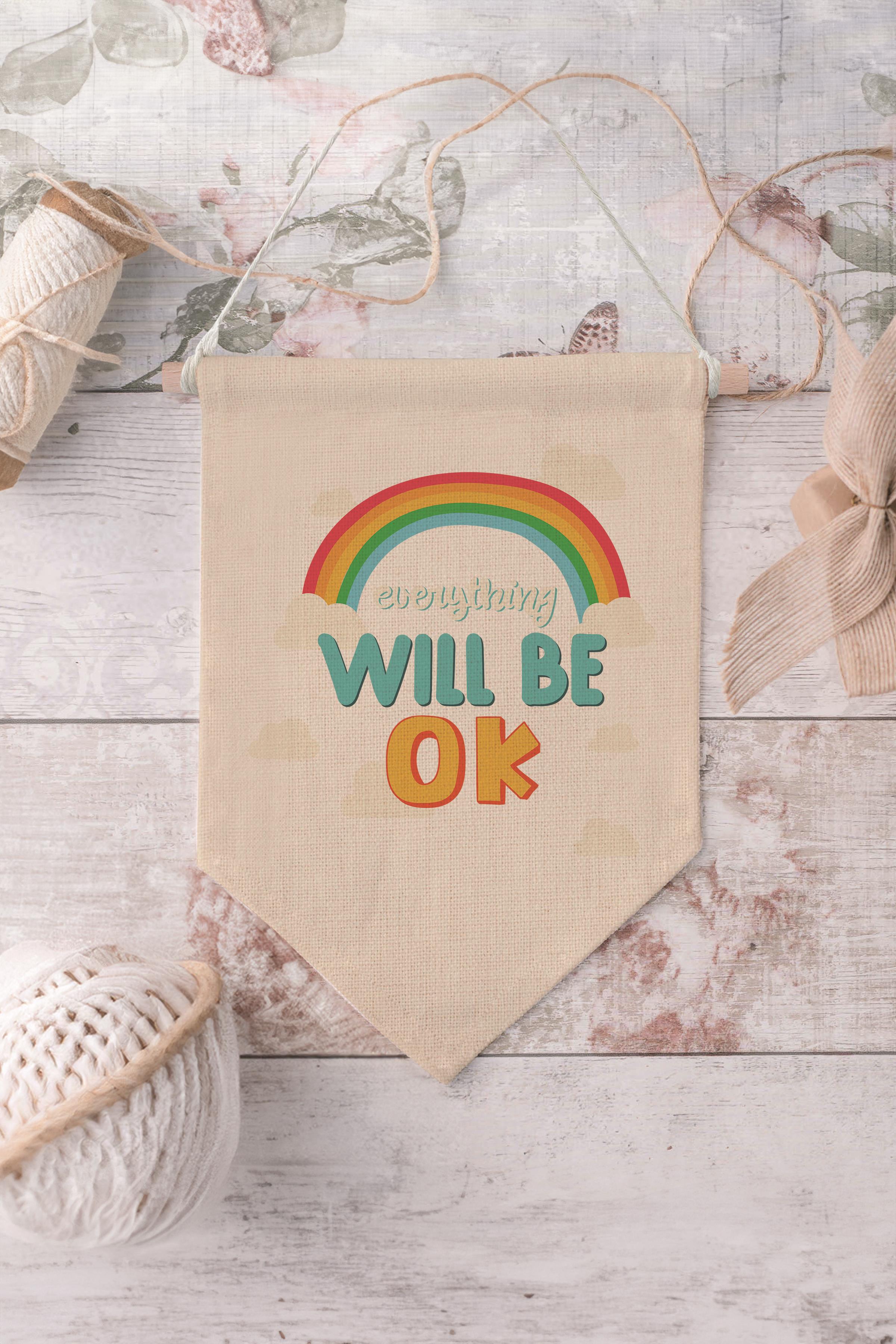 Çocuk Odası Dekor, Duvar Süsü, Ahşap Bebek Odası Dekor, Canvas Flama, Everything Will Be OK - Renkli
