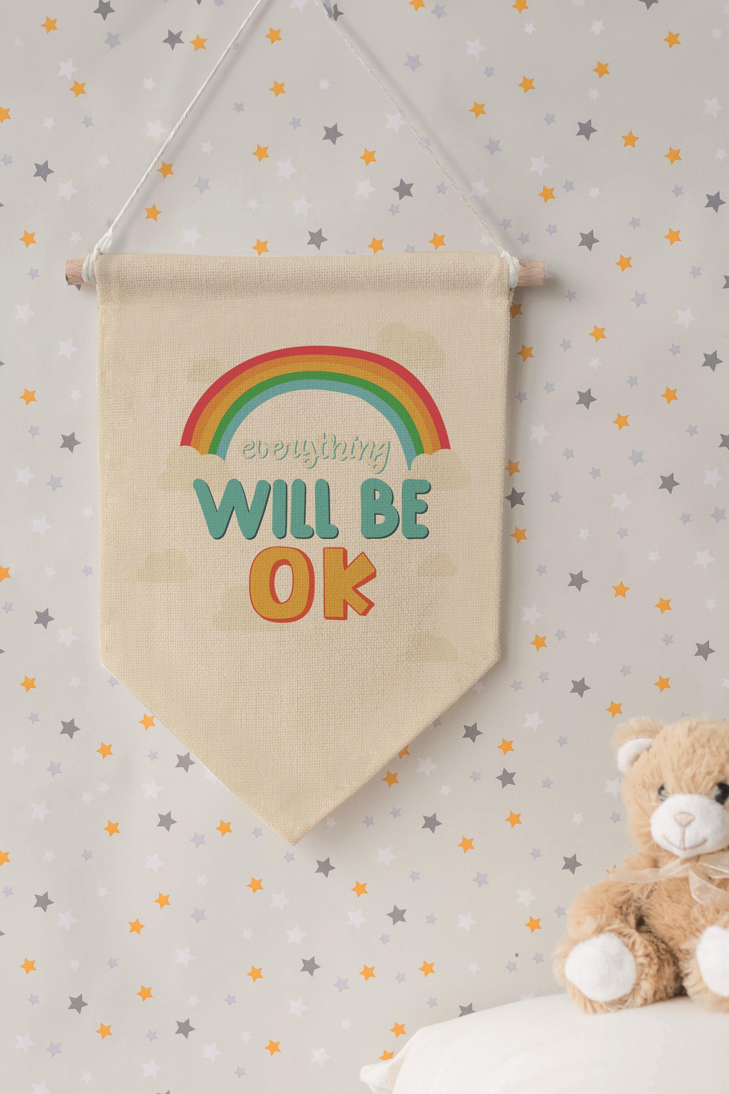 Çocuk Odası Dekor, Duvar Süsü, Ahşap Bebek Odası Dekor, Canvas Flama, Everything Will Be OK - Renkli