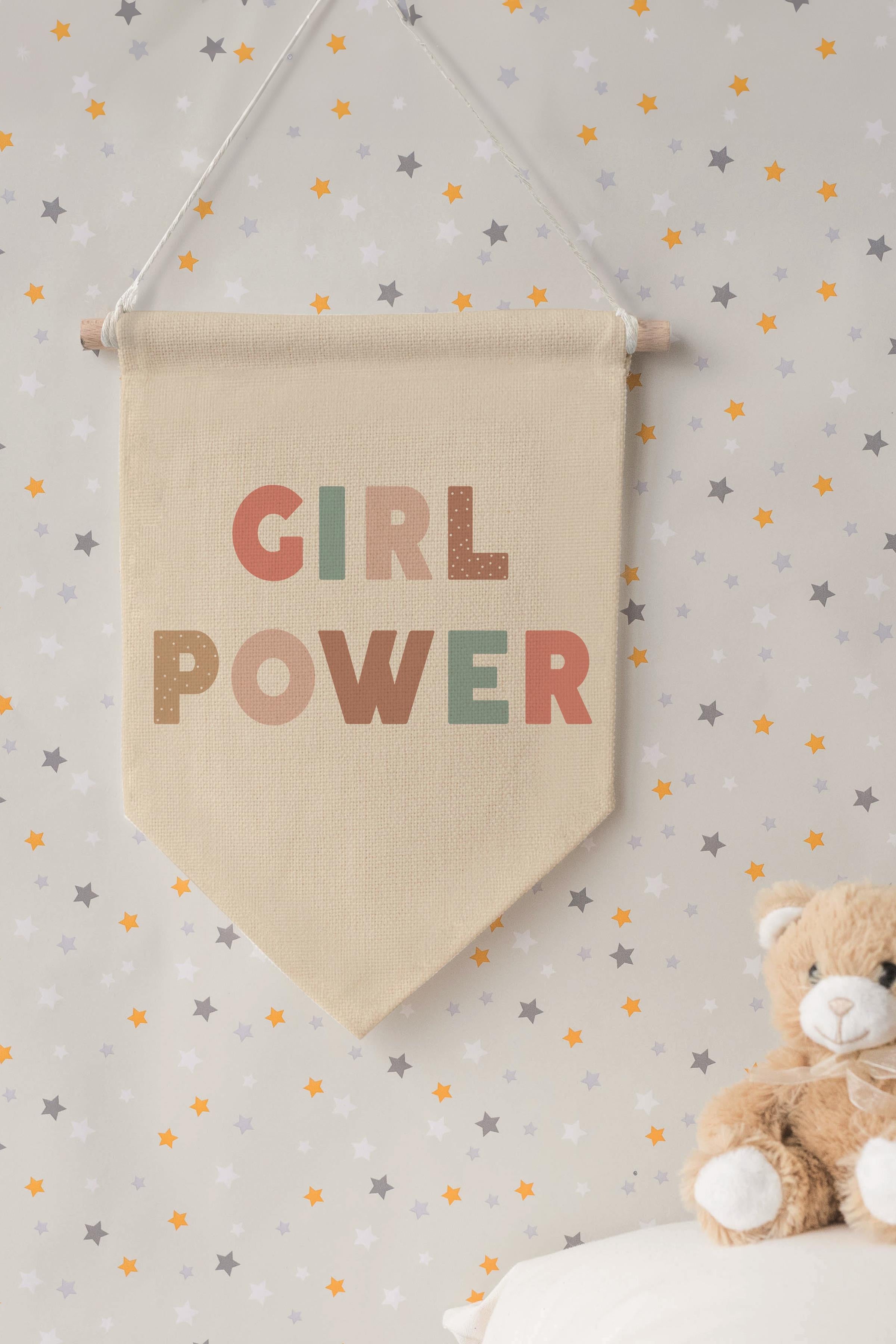 Çocuk Odası Dekor, Duvar Süsü, Ahşap Bebek Odası Dekor, Canvas Flama, Girl Power - Renkli