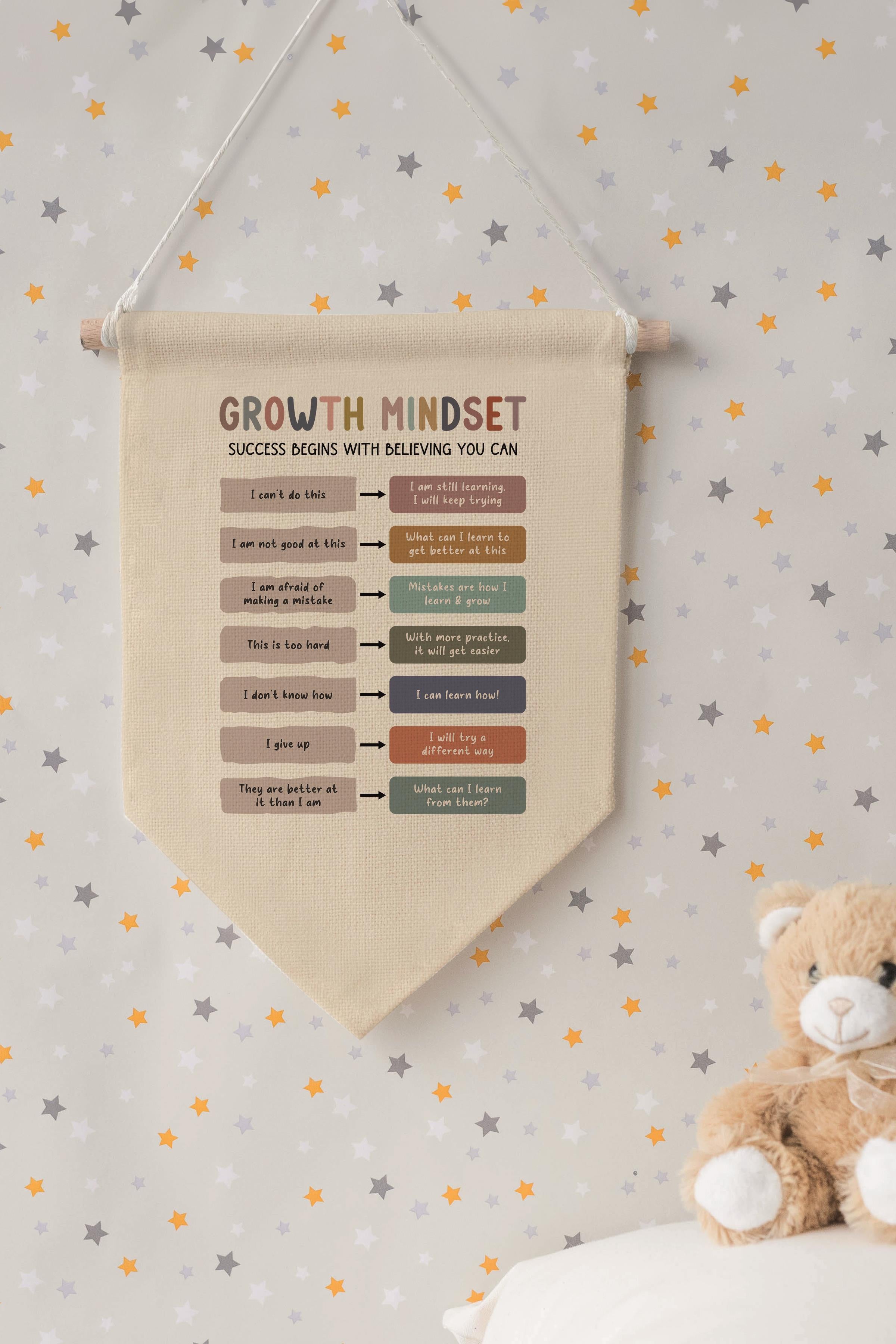 Çocuk Odası Dekor, Duvar Süsü, Ahşap Bebek Odası Dekor, Canvas Flama, Growth Mindset - Renkli
