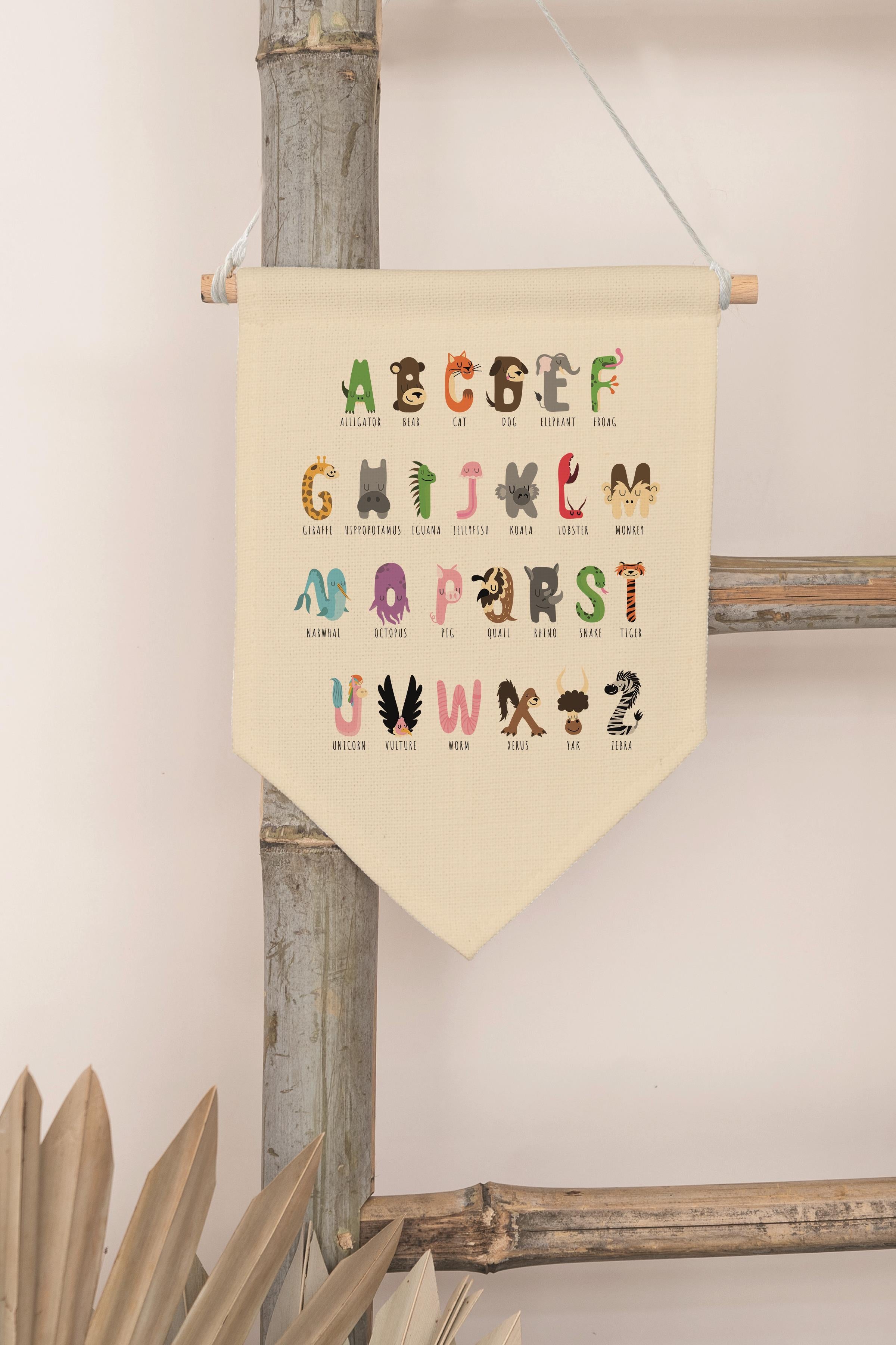 Çocuk Odası Dekor, Duvar Süsü, Ahşap Bebek Odası Dekor, Canvas Flama, Hayvan Şekilli Alfabe