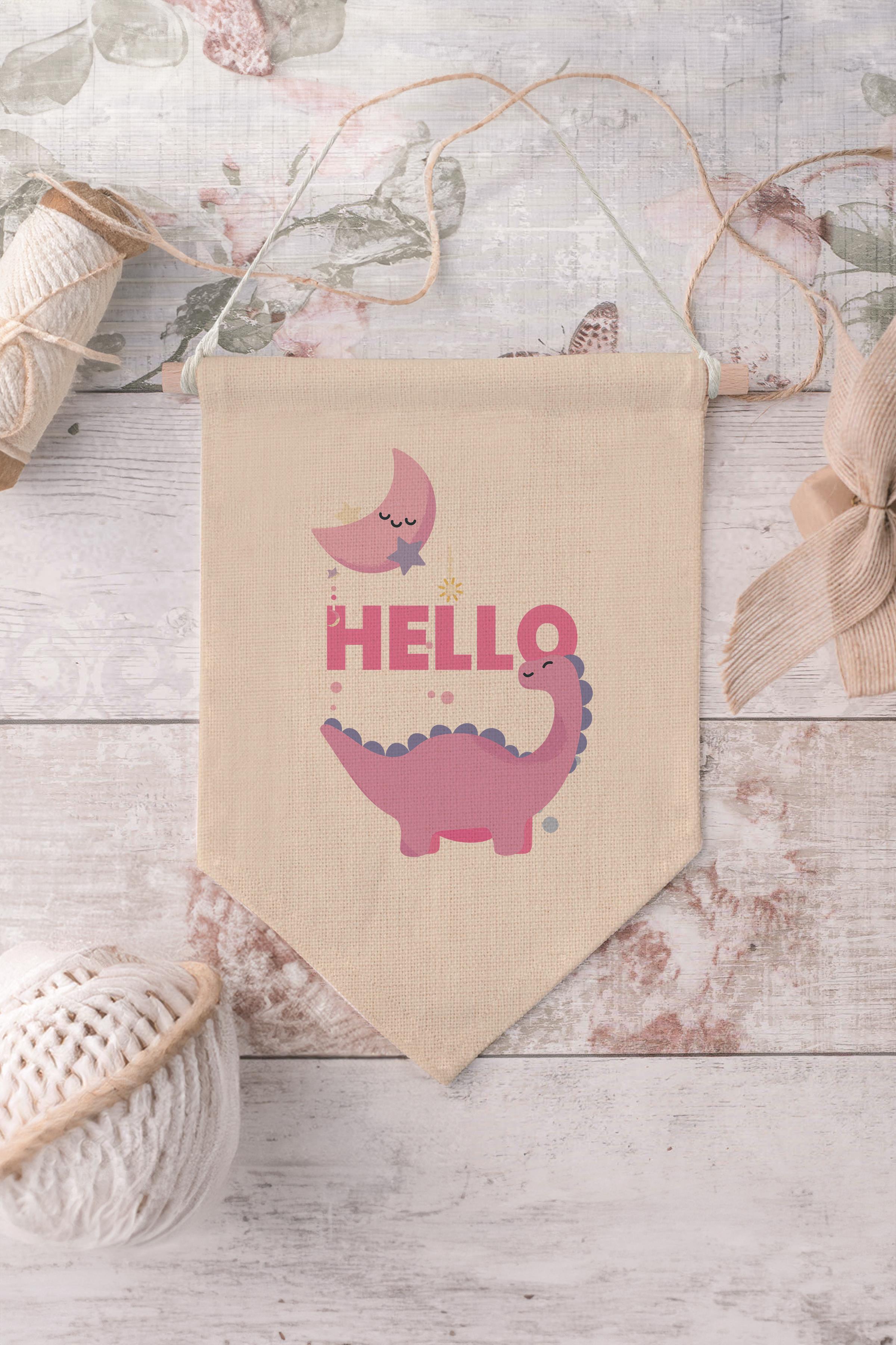 Çocuk Odası Dekor, Duvar Süsü, Ahşap Bebek Odası Dekor, Canvas Flama, Hello Dinozor - Pembe