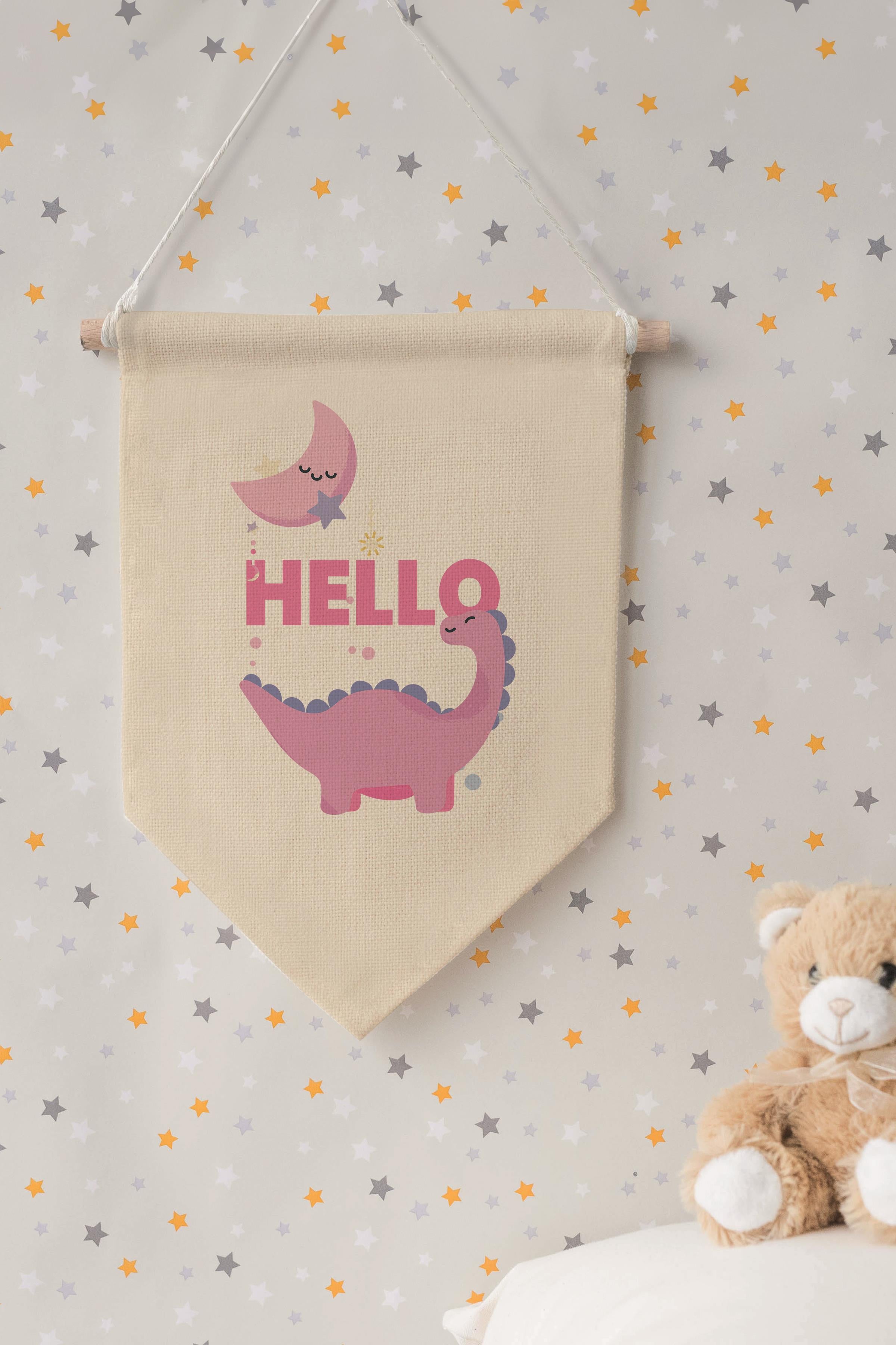 Çocuk Odası Dekor, Duvar Süsü, Ahşap Bebek Odası Dekor, Canvas Flama, Hello Dinozor - Pembe