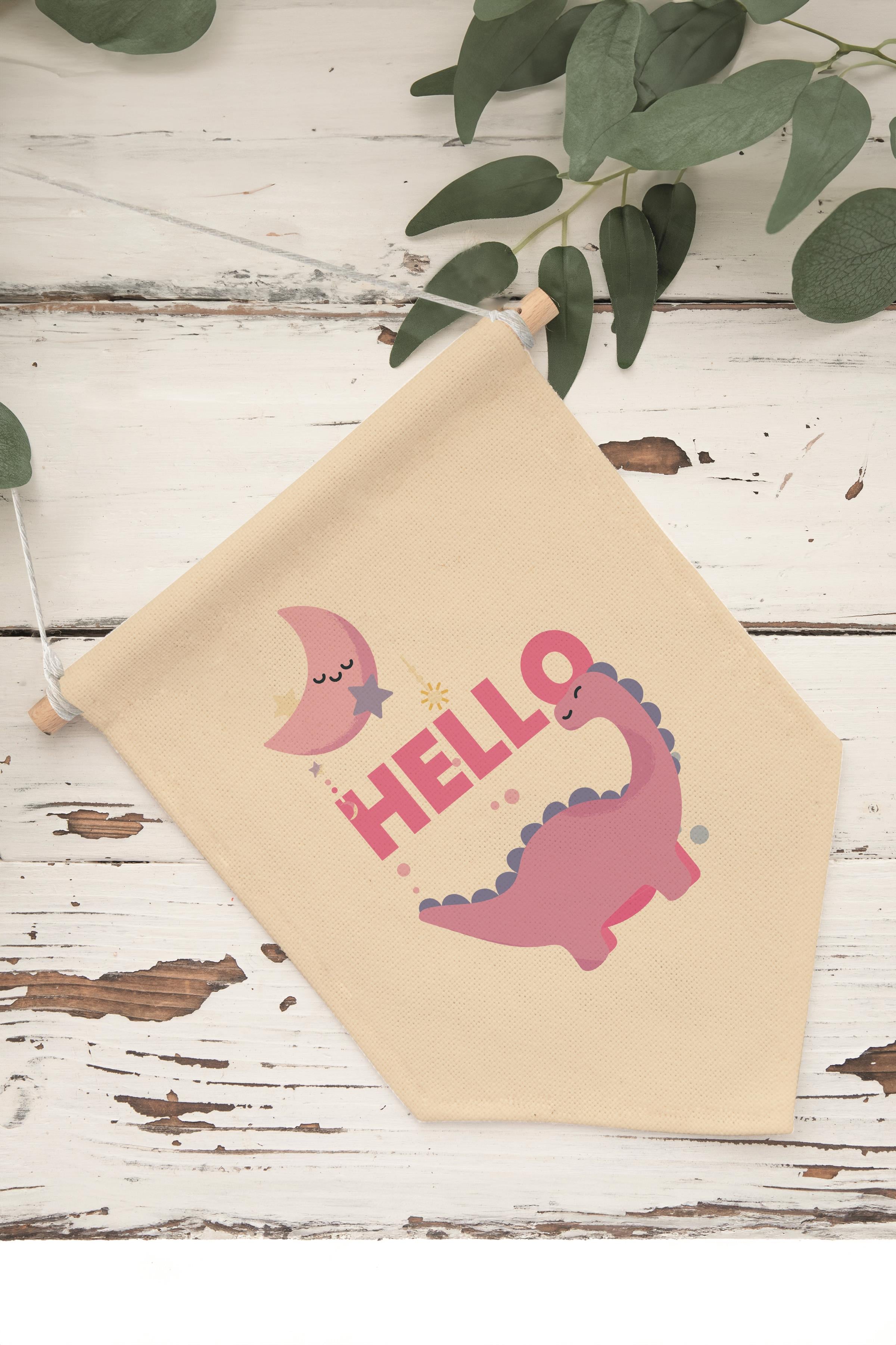 Çocuk Odası Dekor, Duvar Süsü, Ahşap Bebek Odası Dekor, Canvas Flama, Hello Dinozor - Pembe