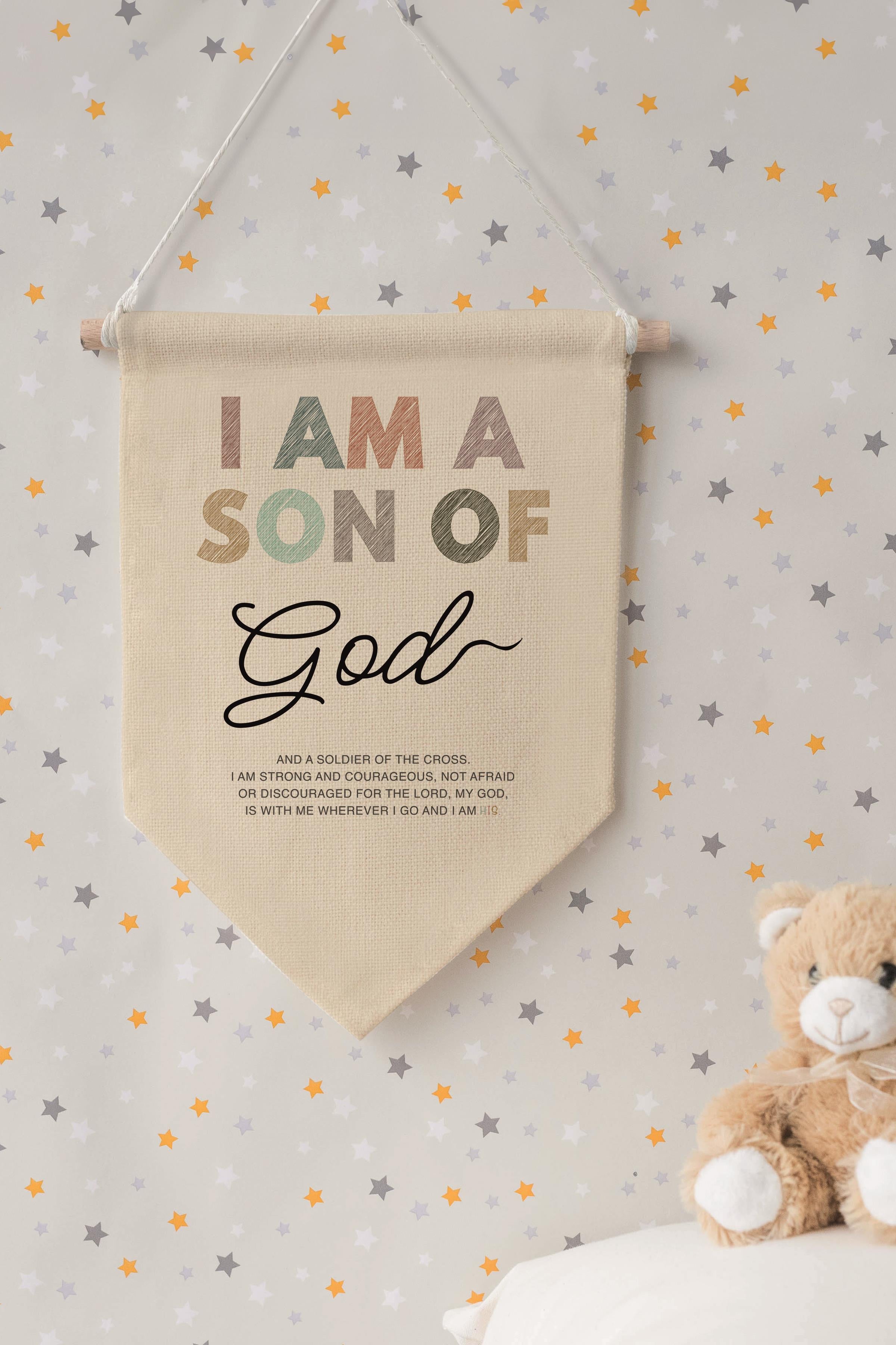 Çocuk Odası Dekor, Duvar Süsü, Ahşap Bebek Odası Dekor, Canvas Flama, I Am a Son of God - Renkli