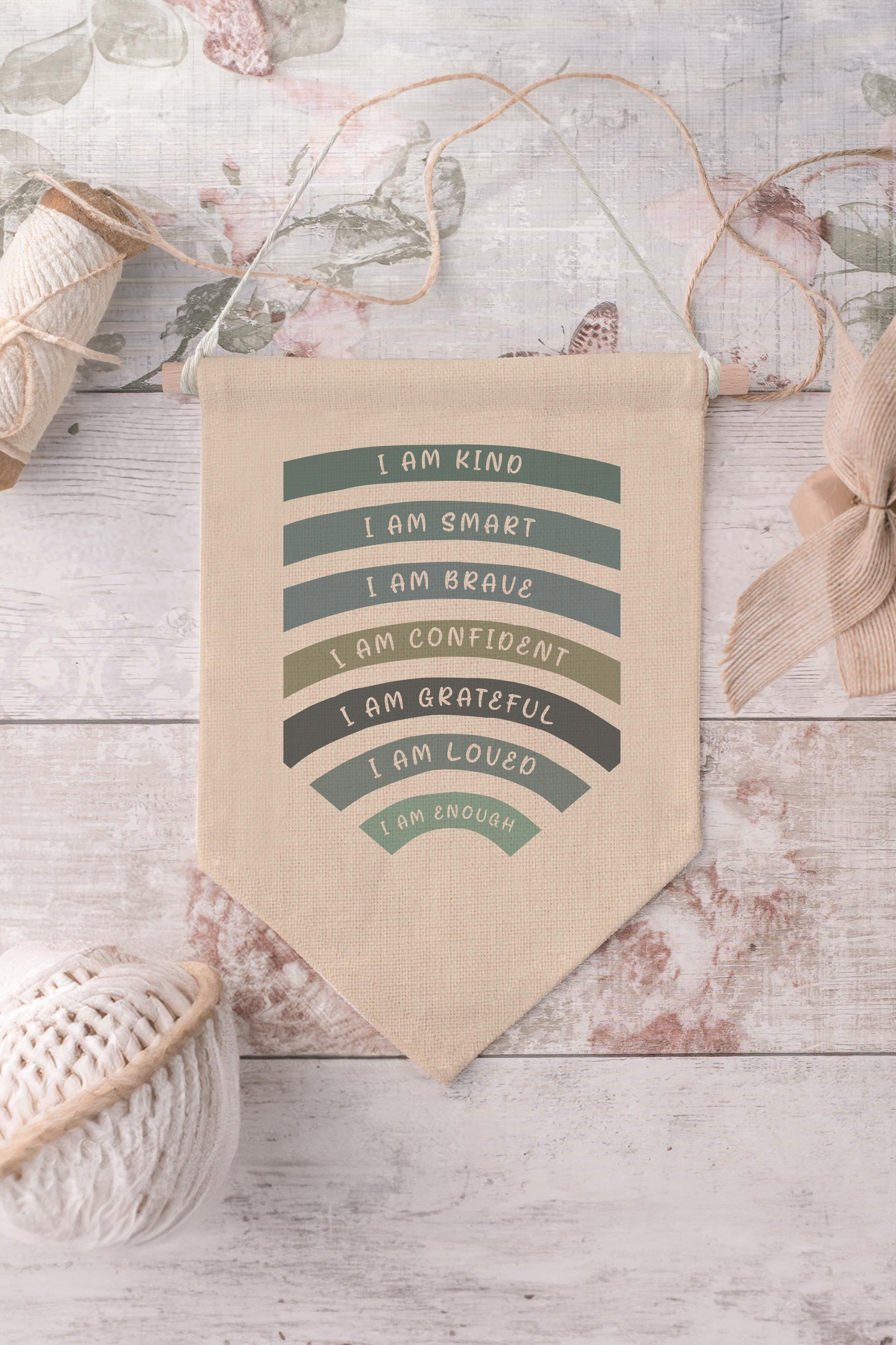 Çocuk Odası Dekor, Duvar Süsü, Ahşap Bebek Odası Dekor, Canvas Flama, I Am Kind I Am Smart - Mavi