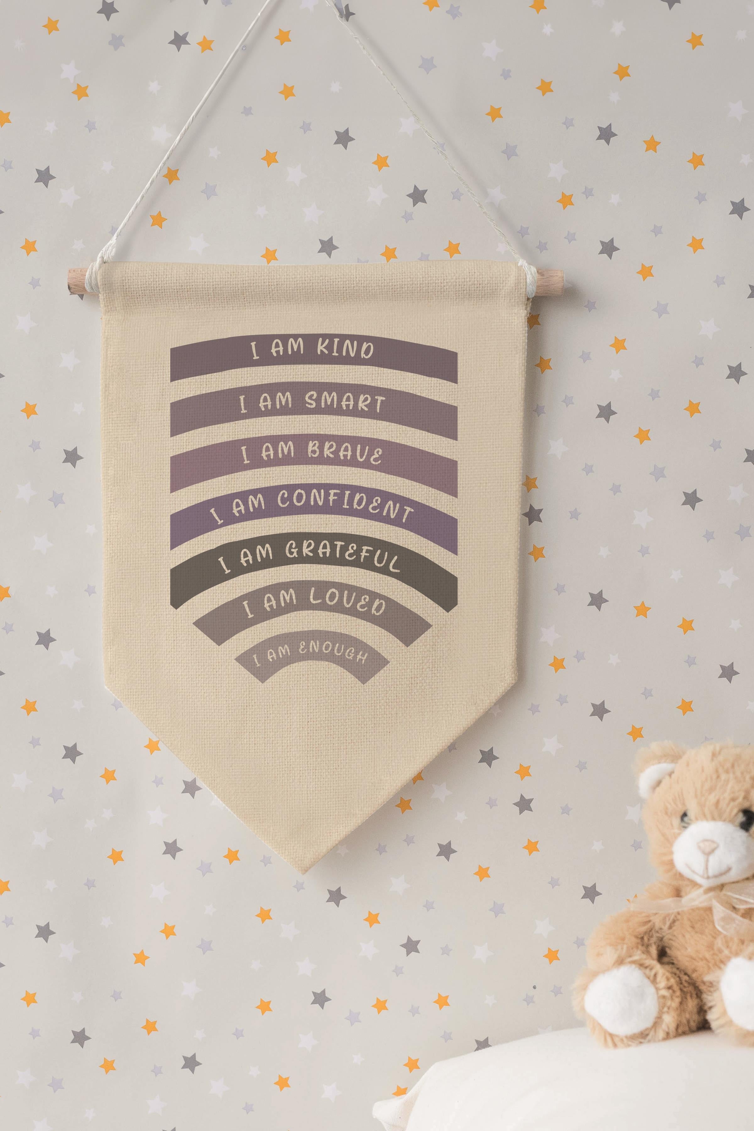 Çocuk Odası Dekor, Duvar Süsü, Ahşap Bebek Odası Dekor, Canvas Flama, I Am Kind I Am Smart - Mor