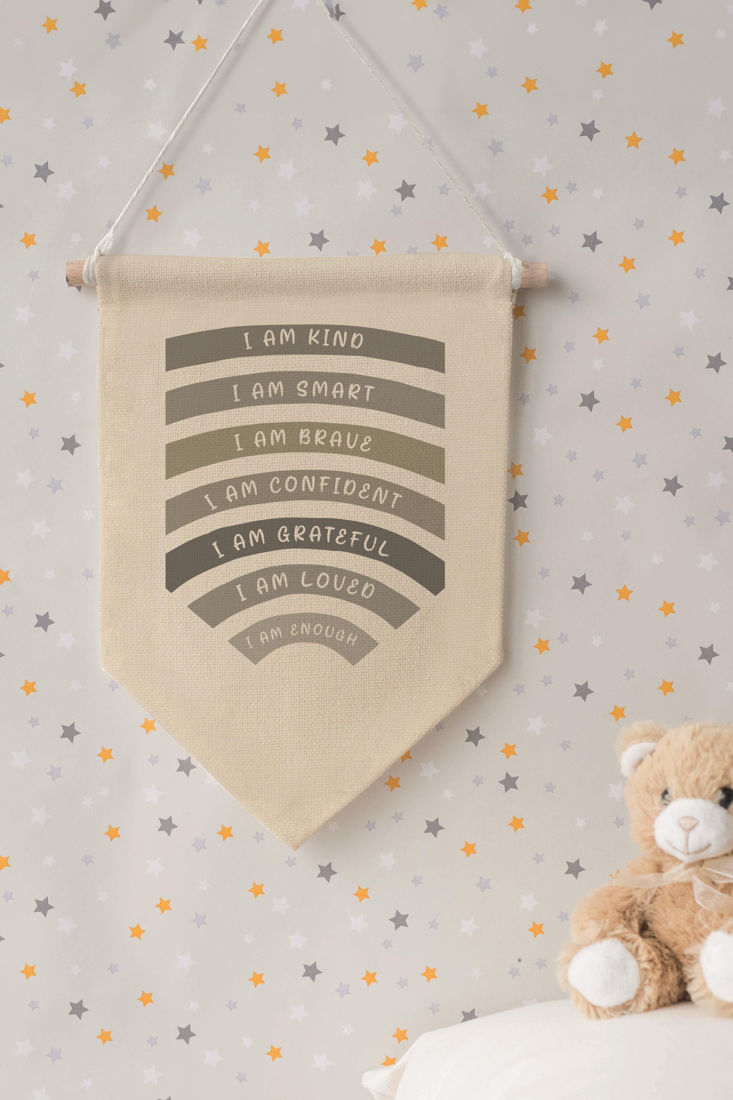 Çocuk Odası Dekor, Duvar Süsü, Ahşap Bebek Odası Dekor, Canvas Flama, I Am Kind I Am Smart - Siyah