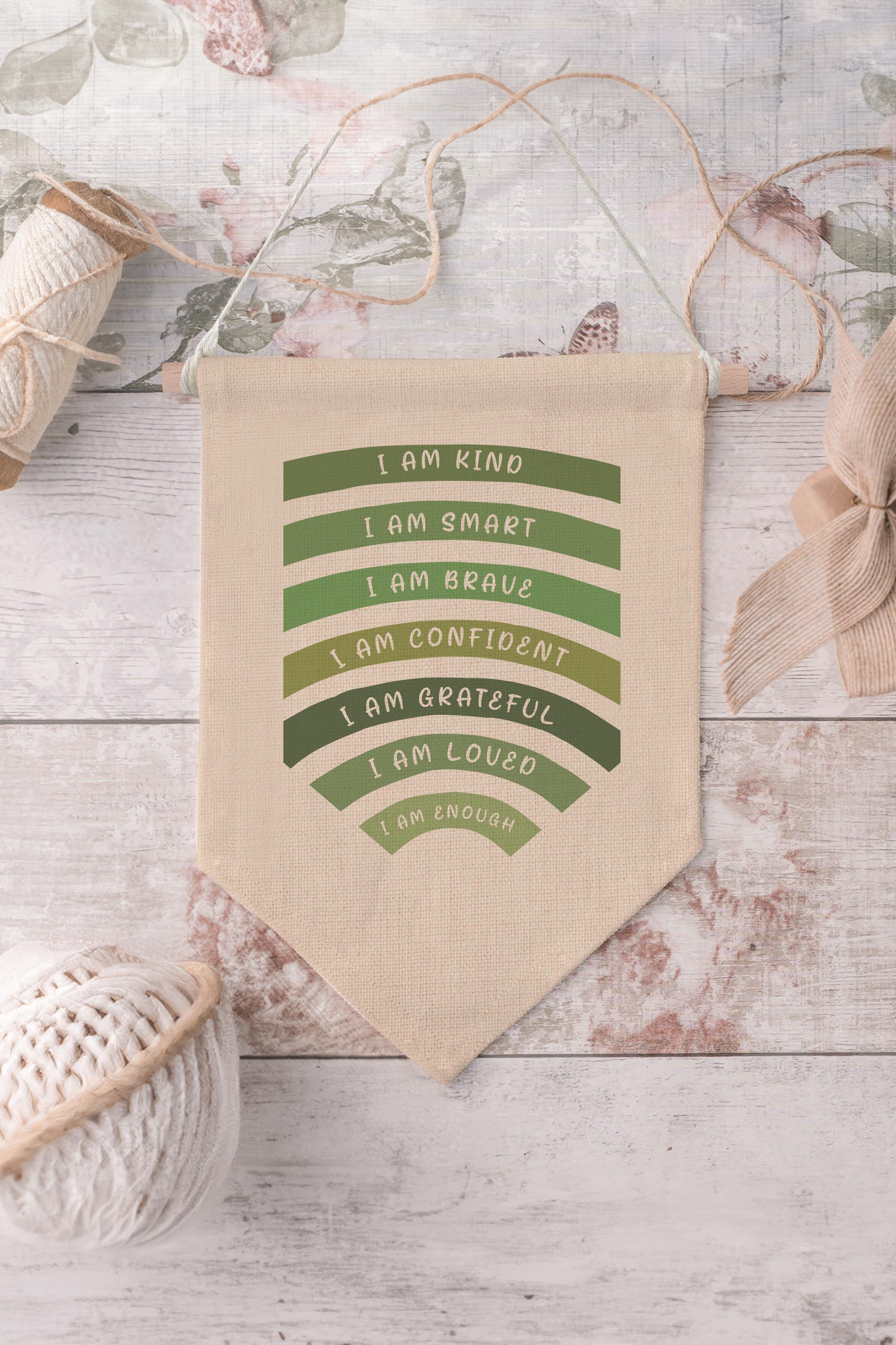 Çocuk Odası Dekor, Duvar Süsü, Ahşap Bebek Odası Dekor, Canvas Flama, I Am Kind I Am Smart - Yeşil