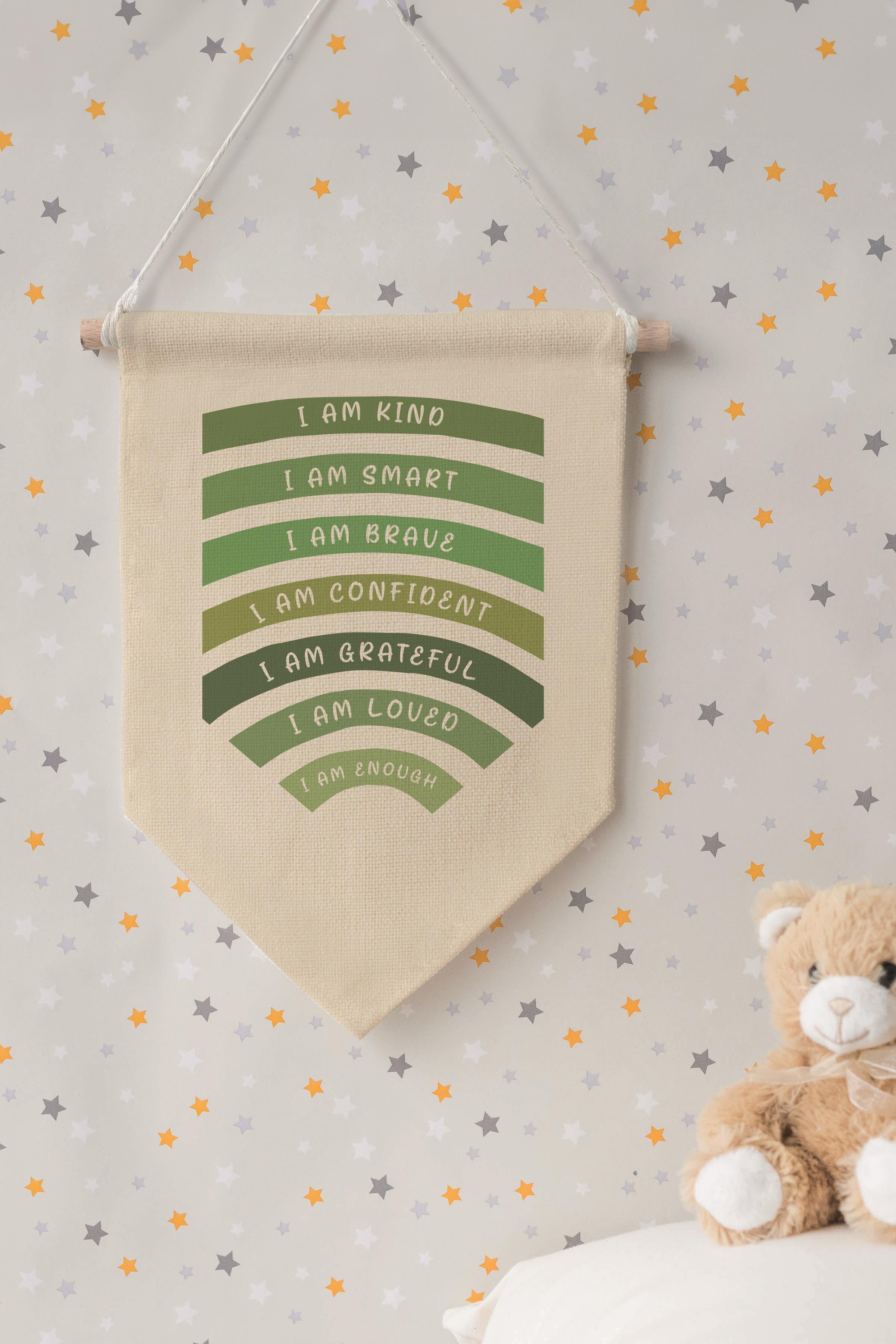 Çocuk Odası Dekor, Duvar Süsü, Ahşap Bebek Odası Dekor, Canvas Flama, I Am Kind I Am Smart - Yeşil