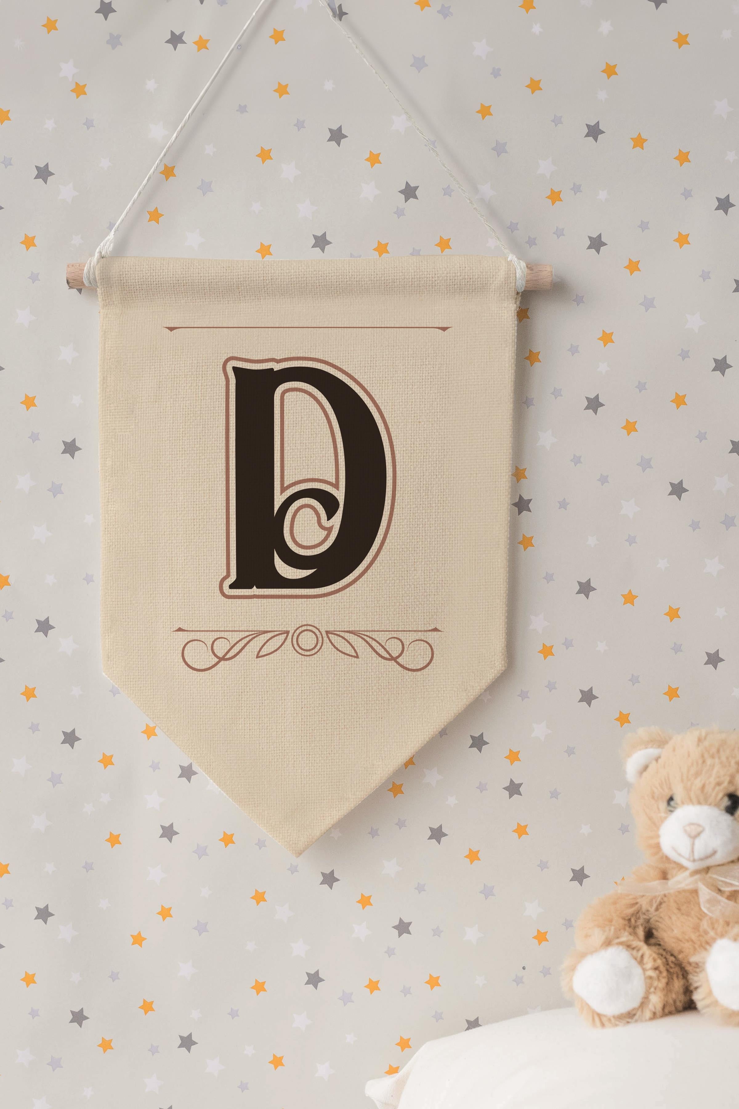Çocuk Odası Dekor, Duvar Süsü, Ahşap Bebek Odası Dekor, Canvas Flama, Kahverengi D Harfi