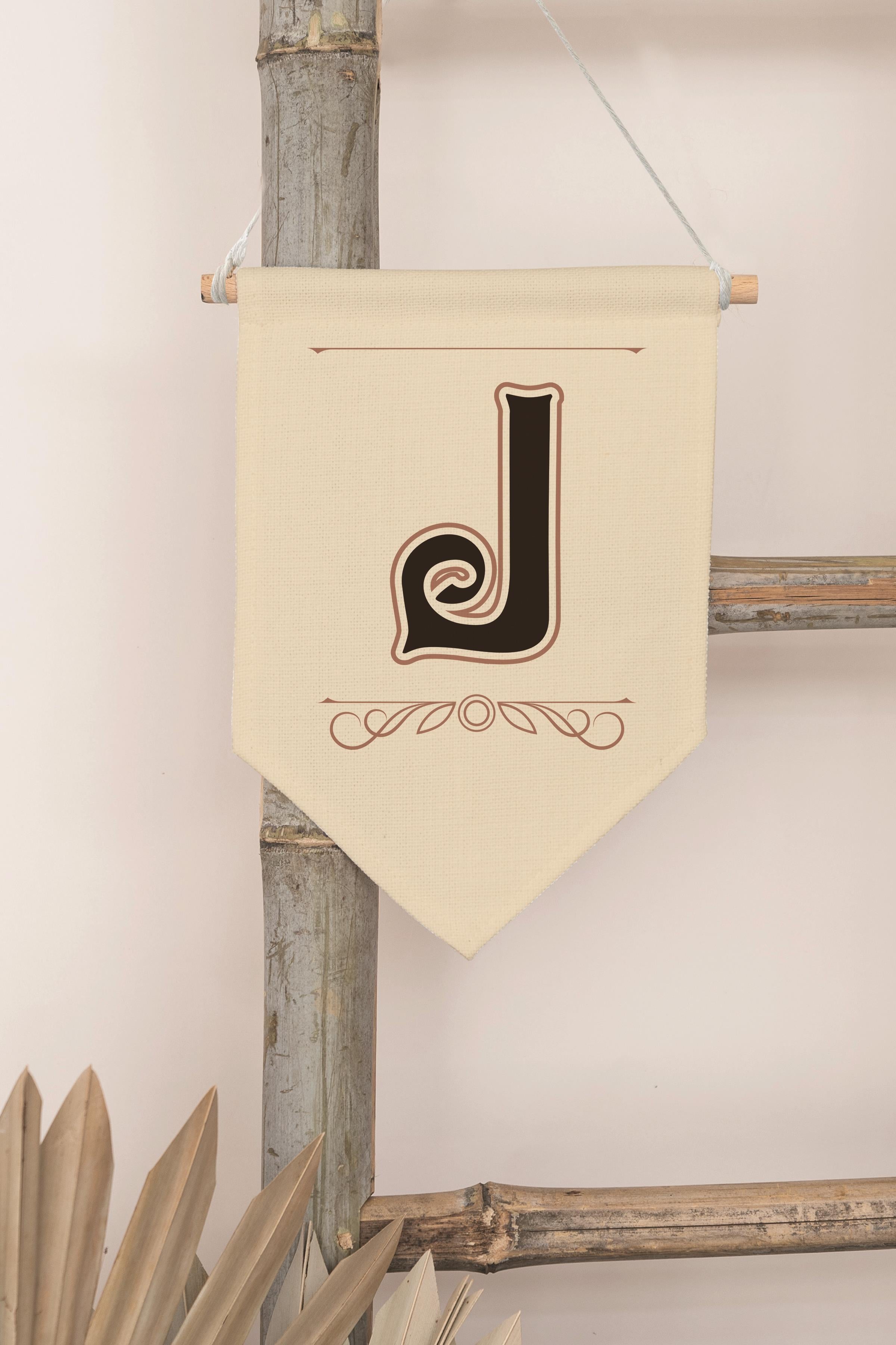 Çocuk Odası Dekor, Duvar Süsü, Ahşap Bebek Odası Dekor, Canvas Flama, Kahverengi J Harfi