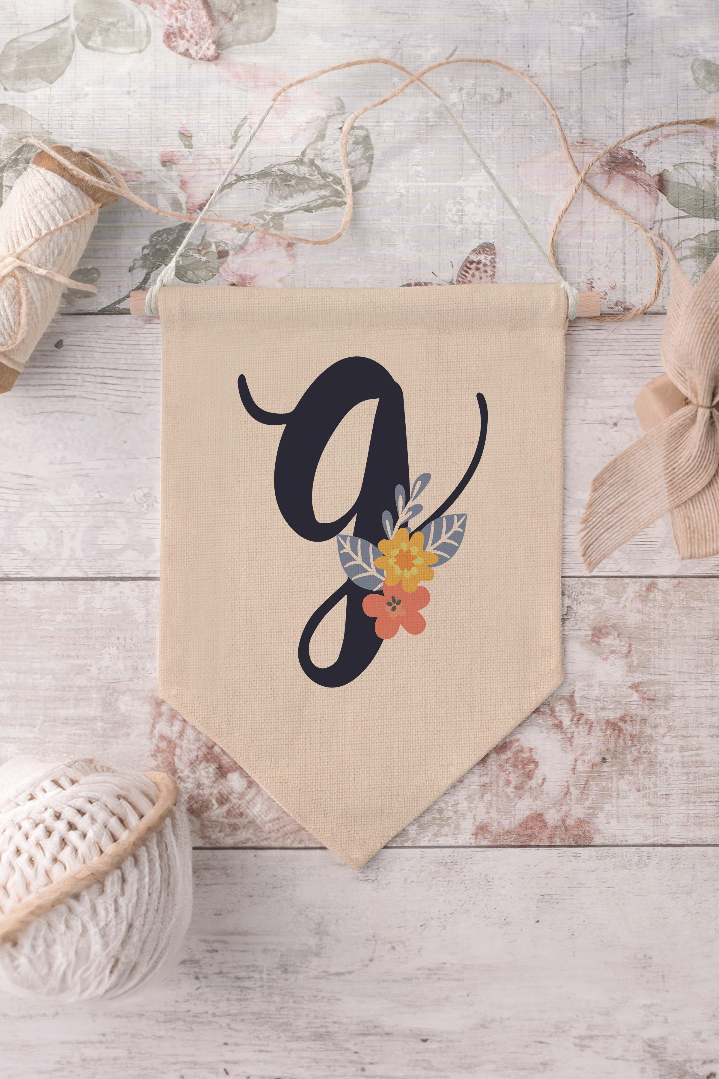 Çocuk Odası Dekor, Duvar Süsü, Ahşap Bebek Odası Dekor, Canvas Flama, Lacivert Çiçekli G Harfi