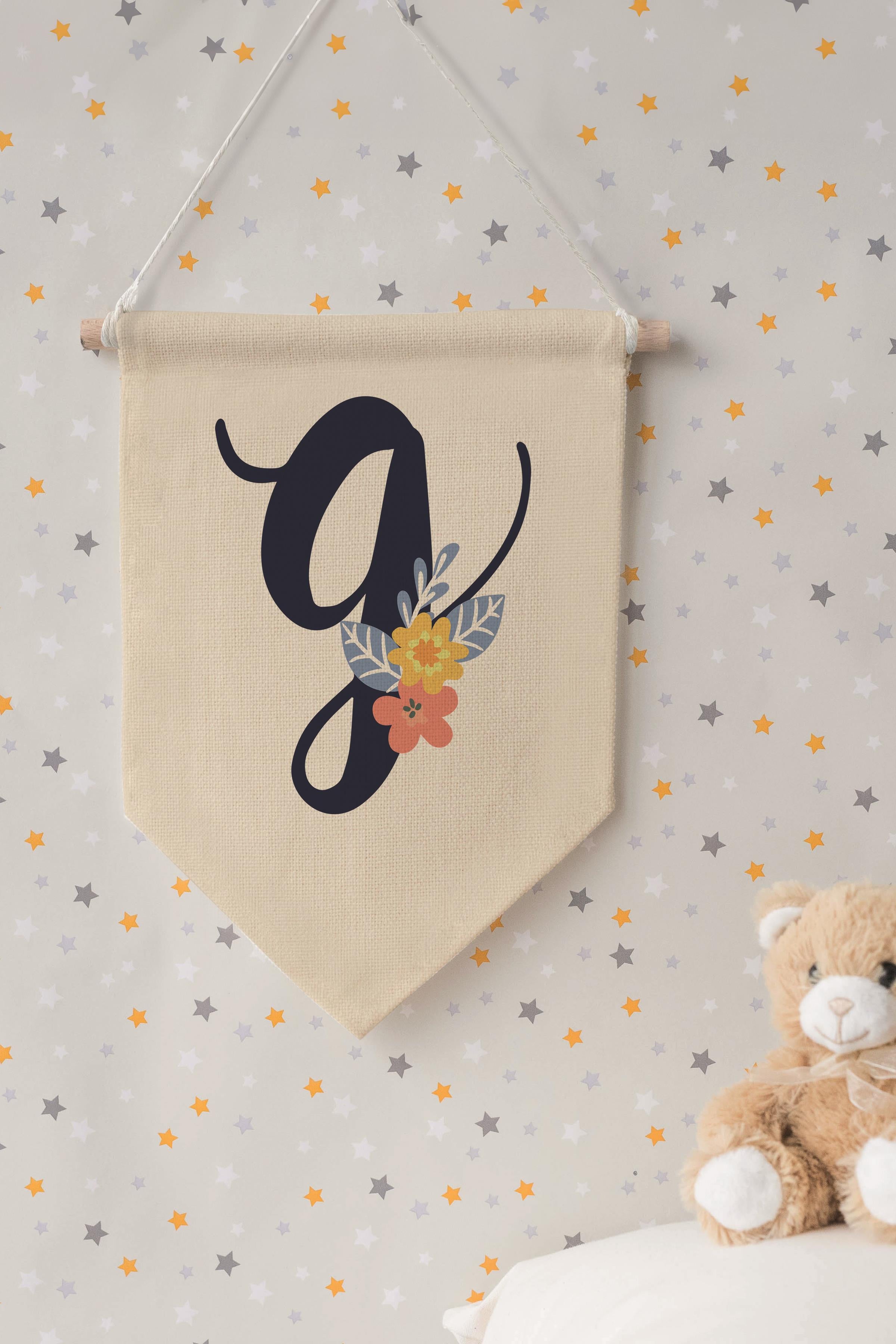 Çocuk Odası Dekor, Duvar Süsü, Ahşap Bebek Odası Dekor, Canvas Flama, Lacivert Çiçekli G Harfi