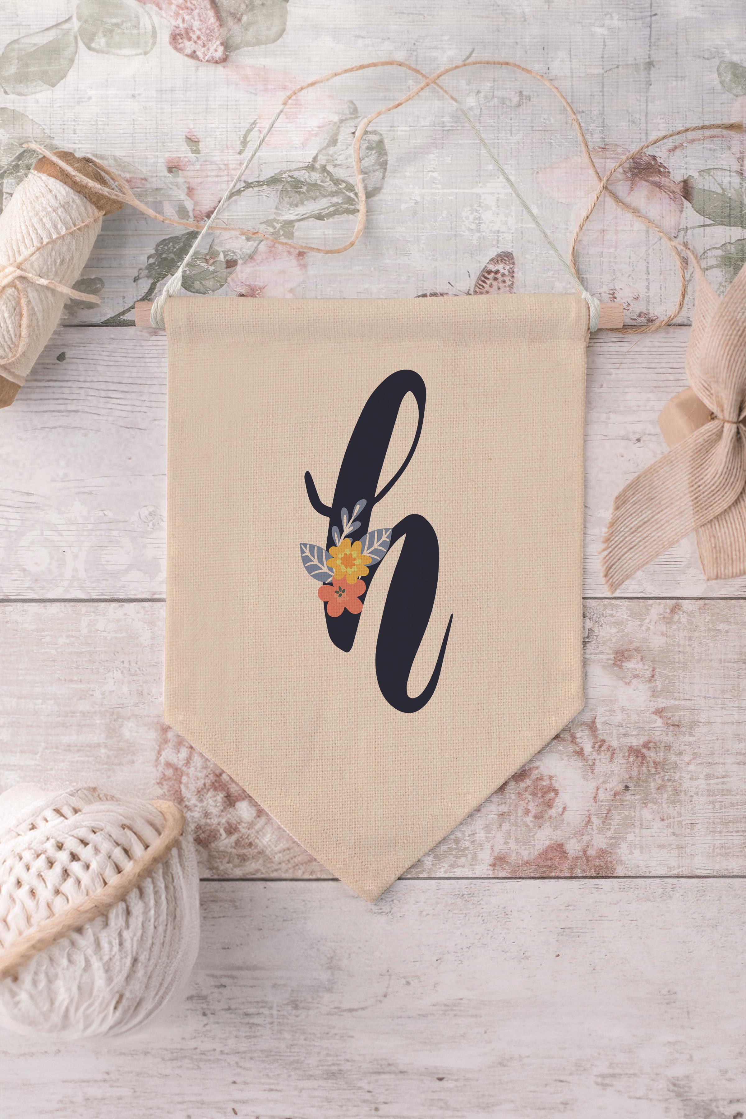 Çocuk Odası Dekor, Duvar Süsü, Ahşap Bebek Odası Dekor, Canvas Flama, Lacivert Çiçekli H Harfi