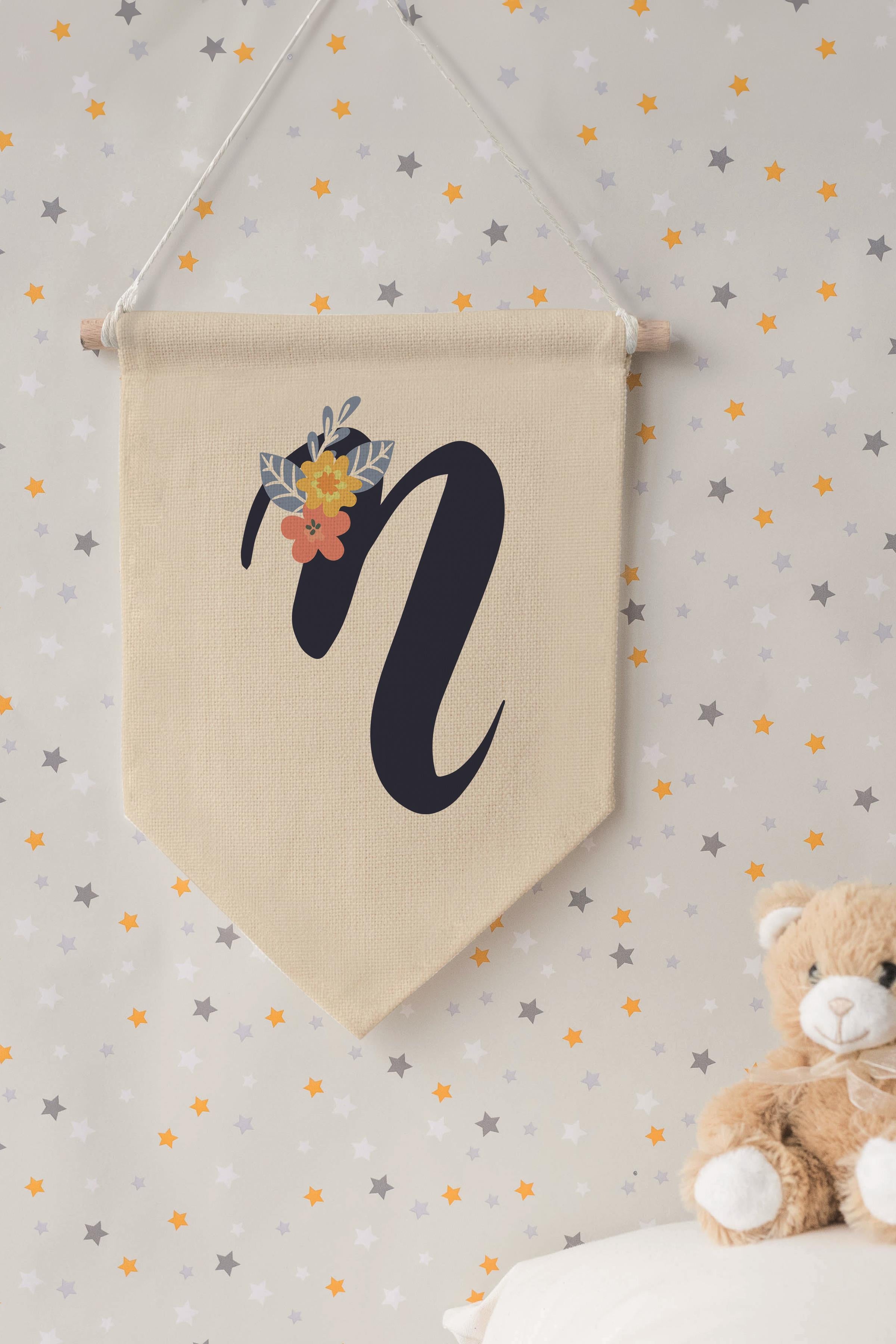 Çocuk Odası Dekor, Duvar Süsü, Ahşap Bebek Odası Dekor, Canvas Flama, Lacivert Çiçekli N Harfi
