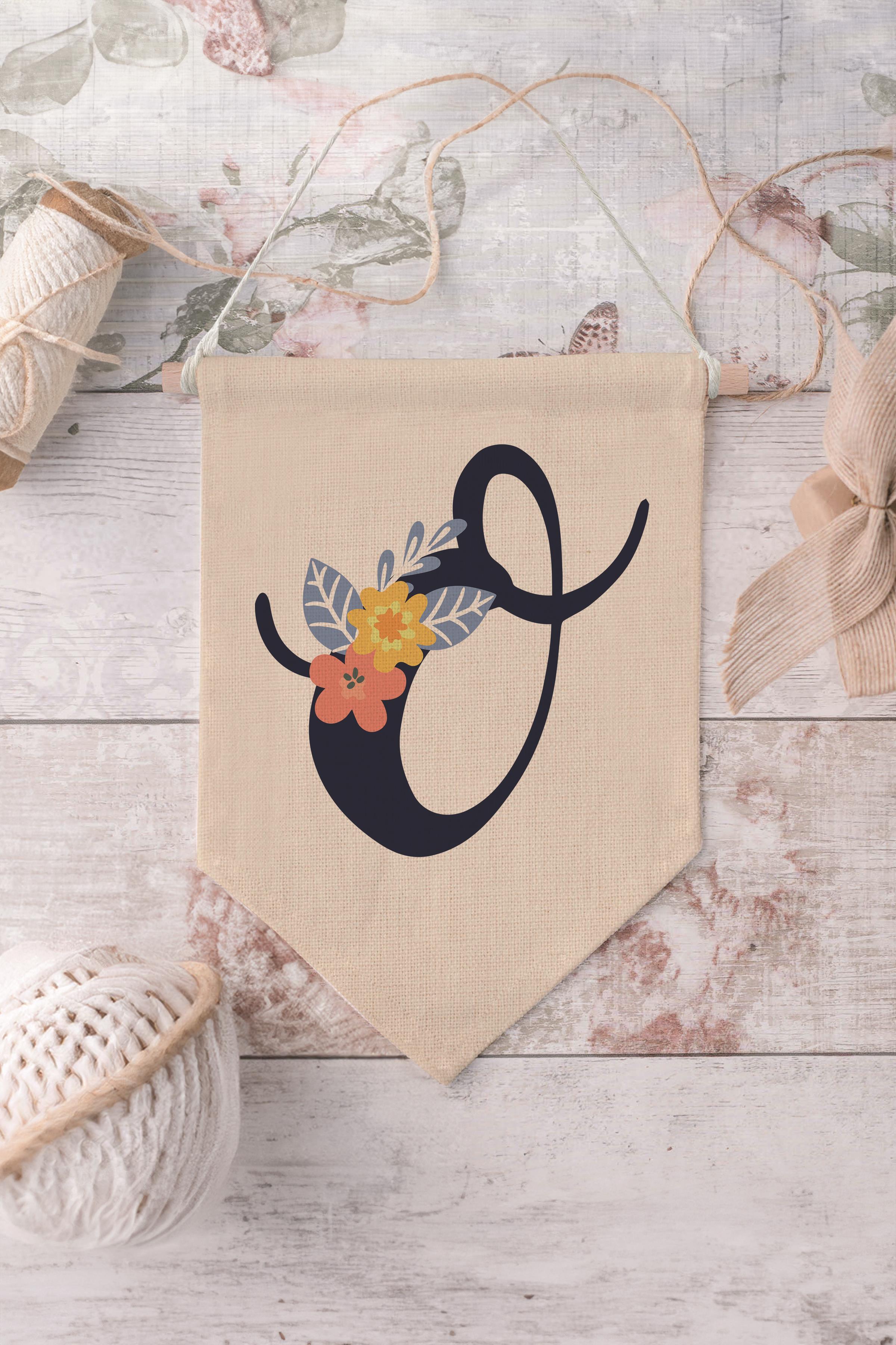 Çocuk Odası Dekor, Duvar Süsü, Ahşap Bebek Odası Dekor, Canvas Flama, Lacivert Çiçekli O Harfi