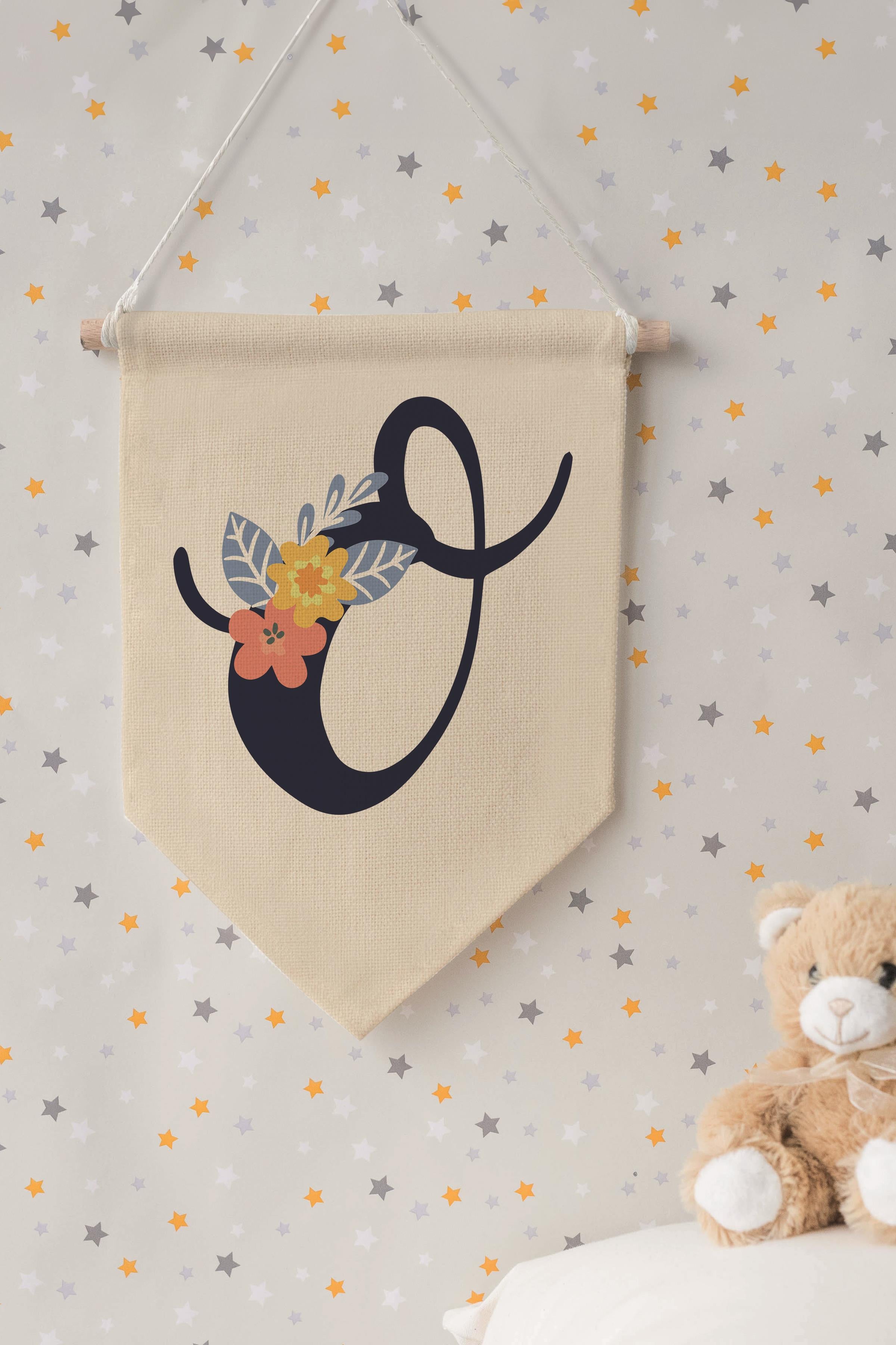 Çocuk Odası Dekor, Duvar Süsü, Ahşap Bebek Odası Dekor, Canvas Flama, Lacivert Çiçekli O Harfi