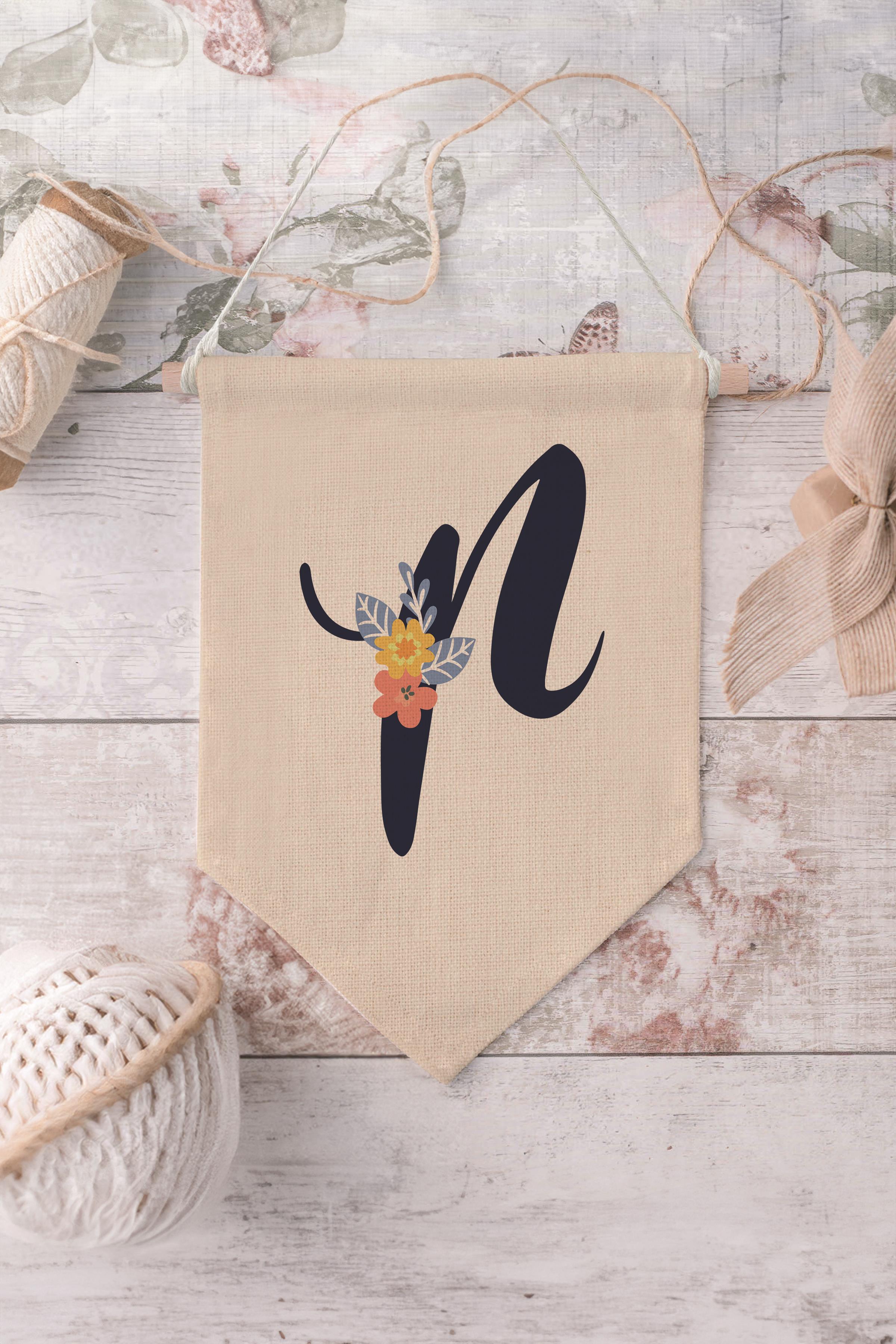 Çocuk Odası Dekor, Duvar Süsü, Ahşap Bebek Odası Dekor, Canvas Flama, Lacivert Çiçekli P Harfi