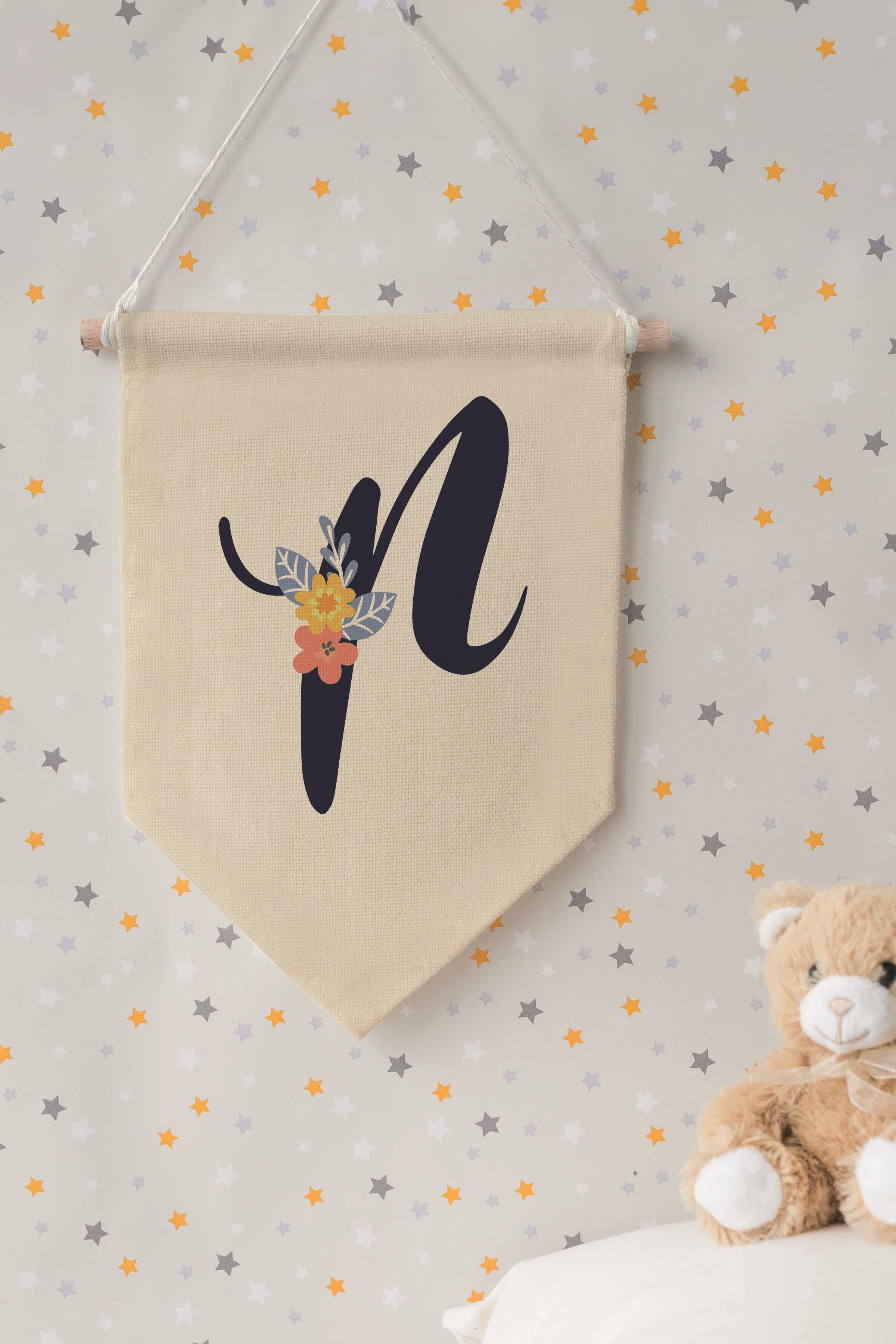 Çocuk Odası Dekor, Duvar Süsü, Ahşap Bebek Odası Dekor, Canvas Flama, Lacivert Çiçekli P Harfi