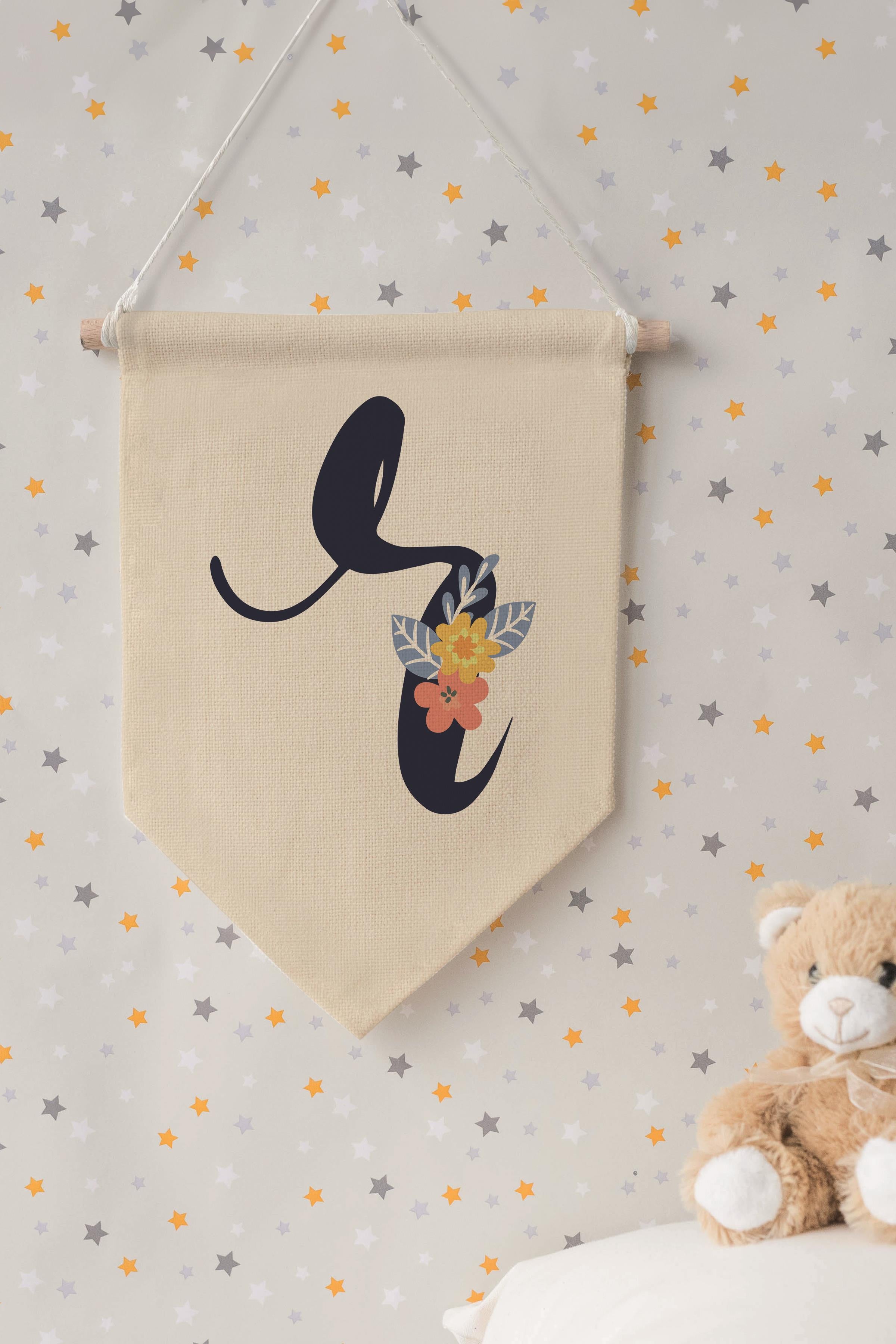 Çocuk Odası Dekor, Duvar Süsü, Ahşap Bebek Odası Dekor, Canvas Flama, Lacivert Çiçekli R Harfi