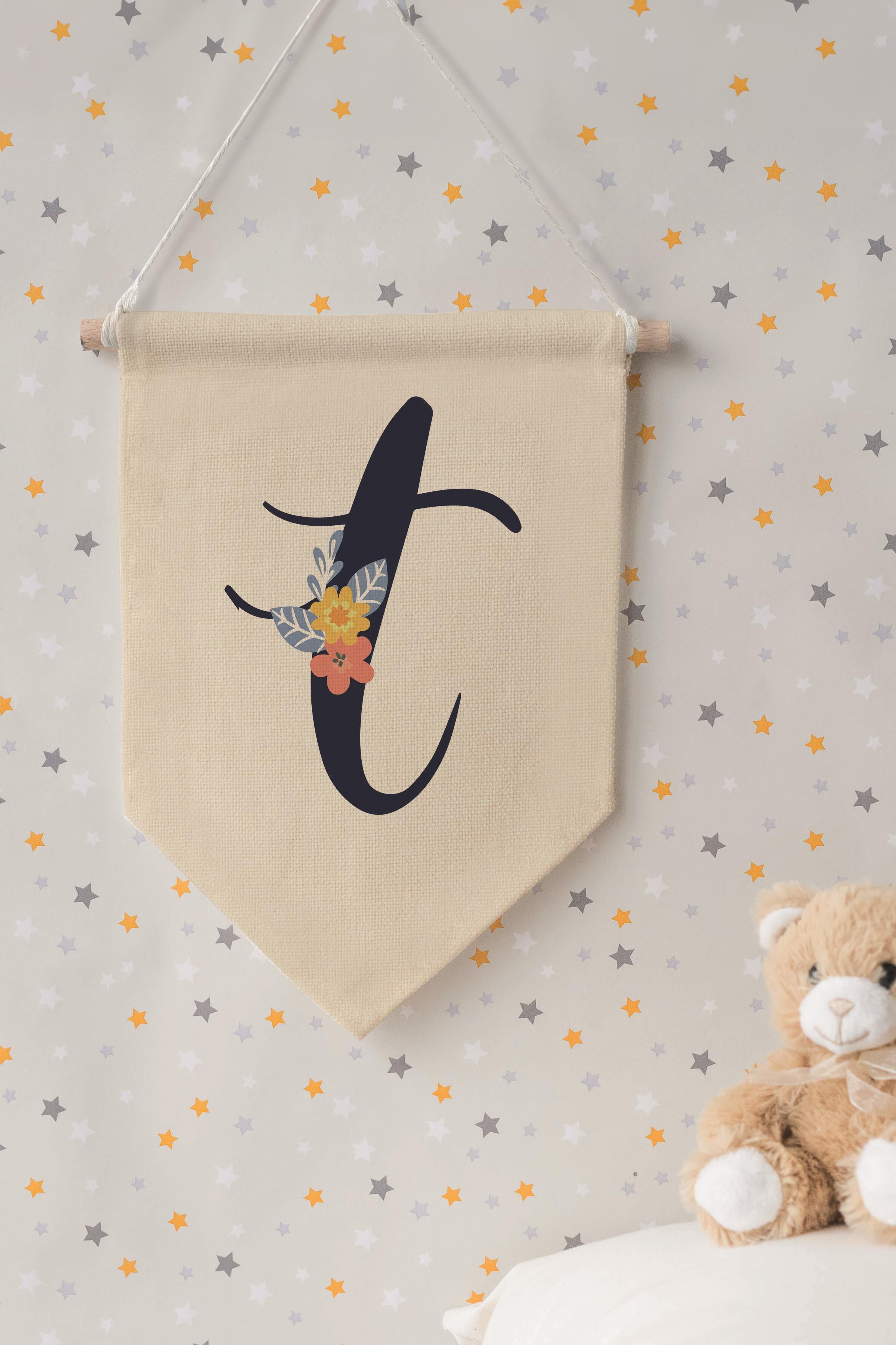 Çocuk Odası Dekor, Duvar Süsü, Ahşap Bebek Odası Dekor, Canvas Flama, Lacivert Çiçekli T Harfi