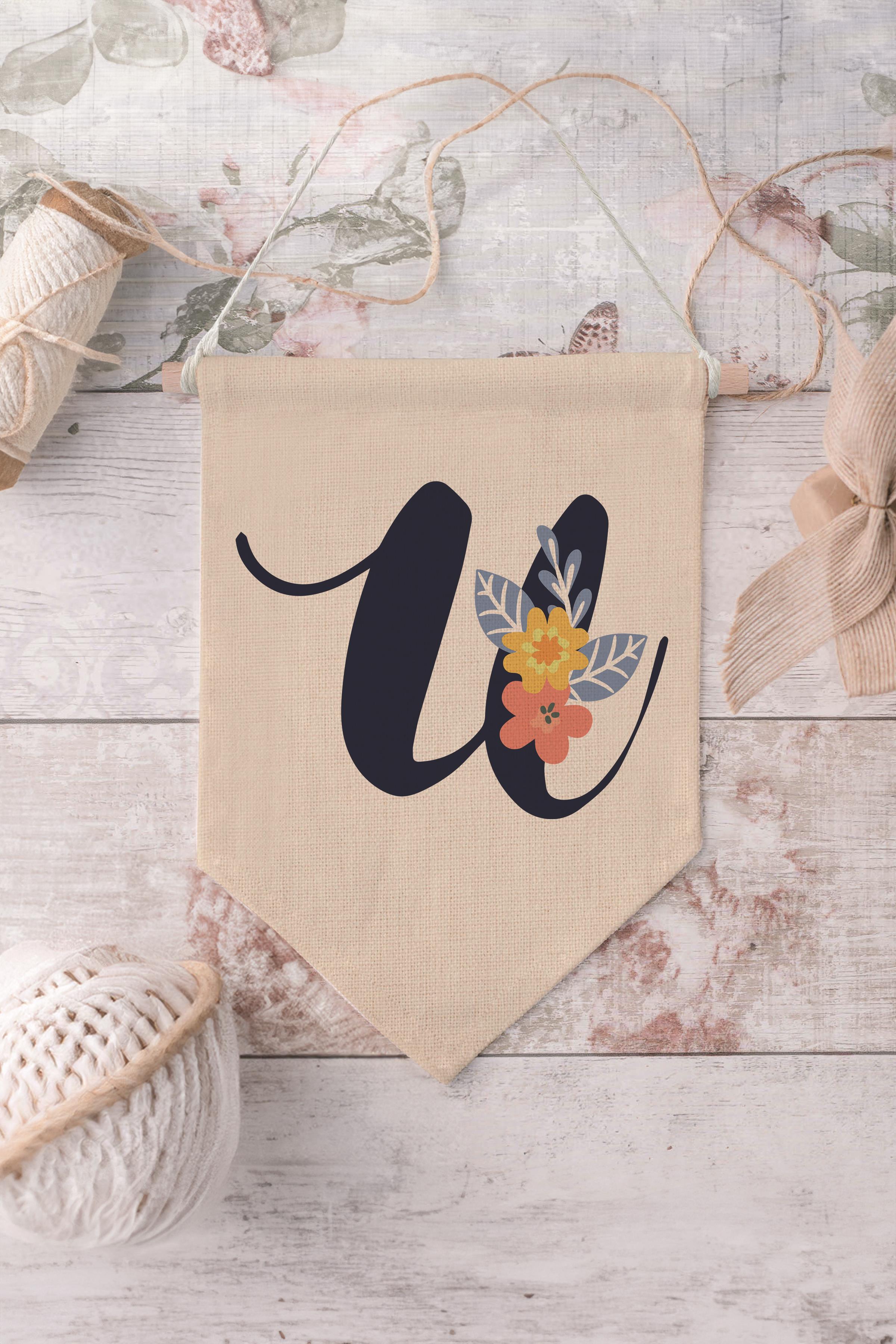 Çocuk Odası Dekor, Duvar Süsü, Ahşap Bebek Odası Dekor, Canvas Flama, Lacivert Çiçekli U Harfi