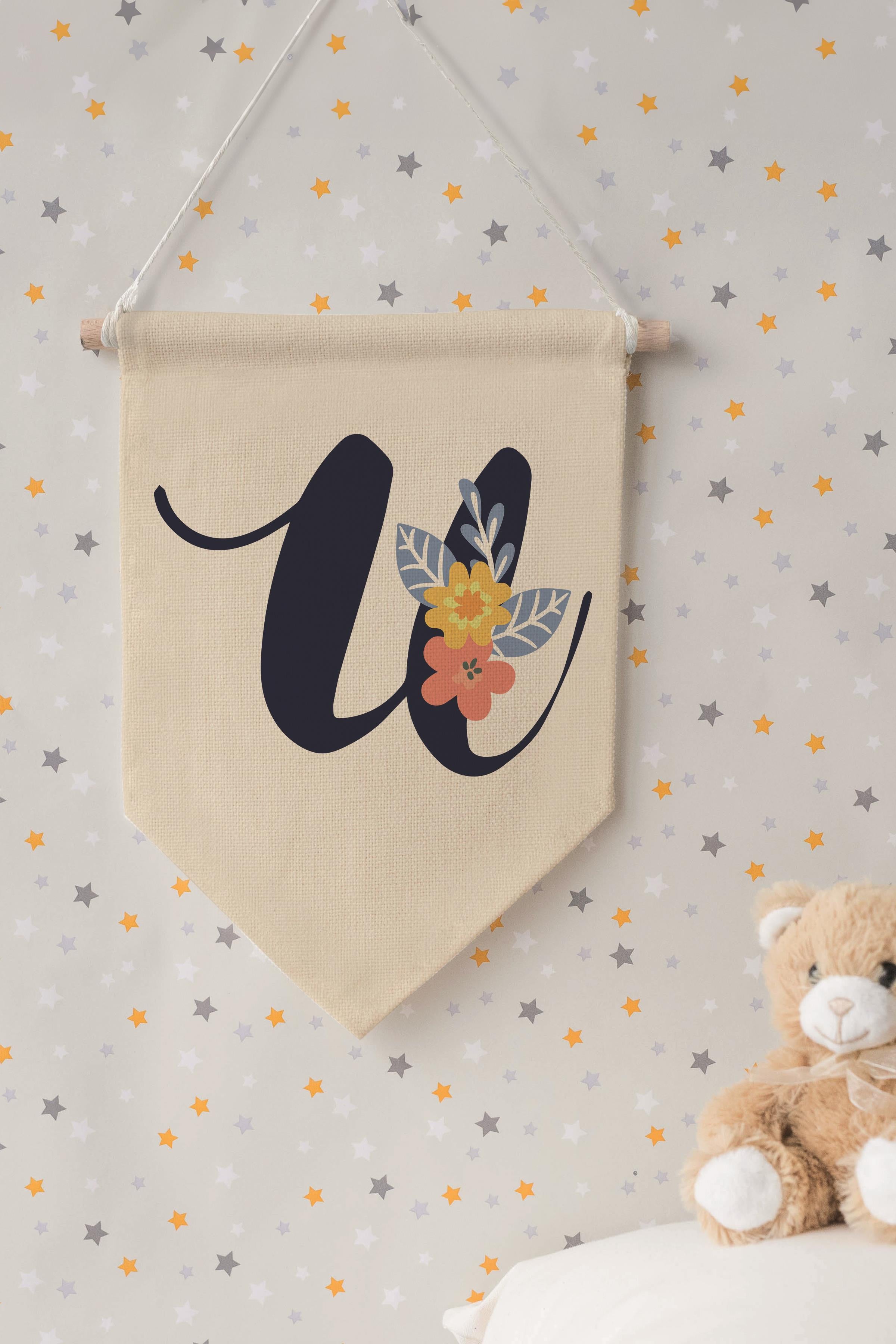Çocuk Odası Dekor, Duvar Süsü, Ahşap Bebek Odası Dekor, Canvas Flama, Lacivert Çiçekli U Harfi
