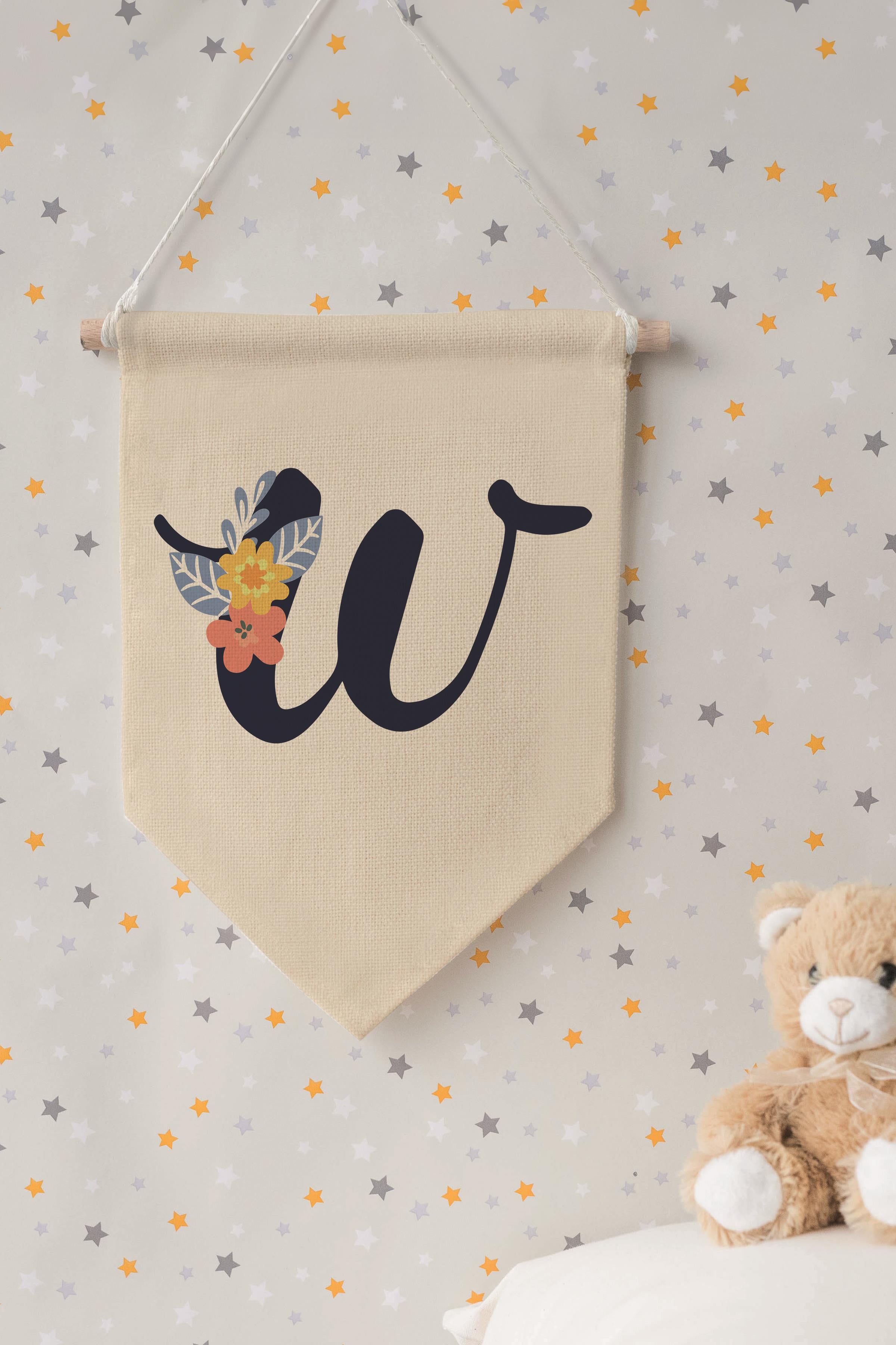 Çocuk Odası Dekor, Duvar Süsü, Ahşap Bebek Odası Dekor, Canvas Flama, Lacivert Çiçekli W Harfi